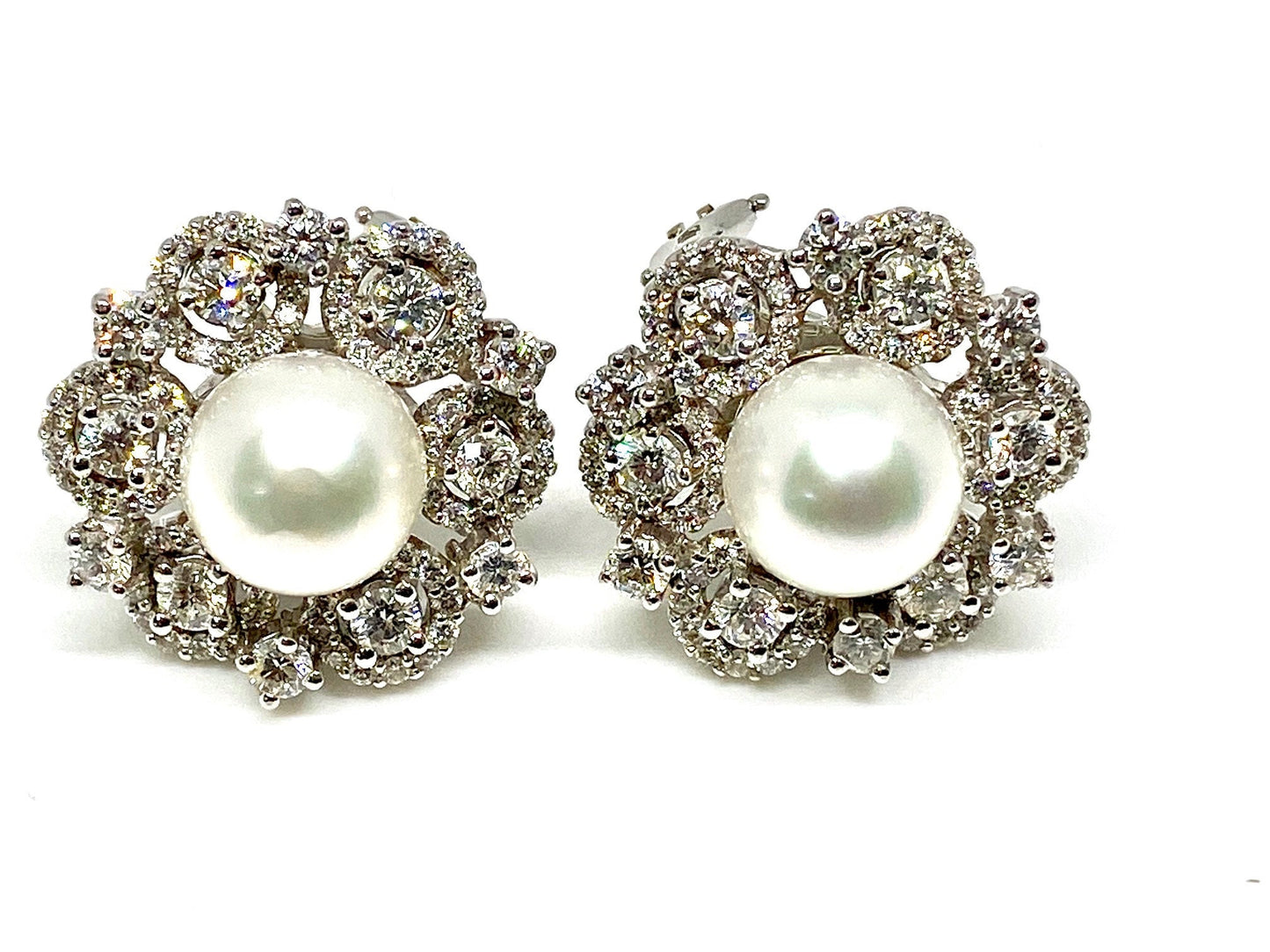 White Gold South Sea Pearl & Diamond Cluster Omega Back Earrings