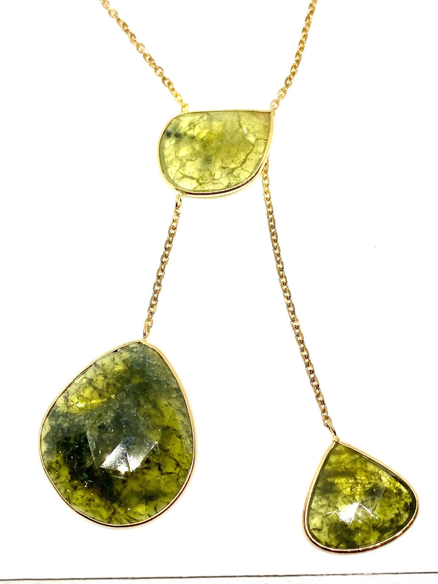 Yellow Gold Natural Green Garnet Y Lariat Adjustable Necklace