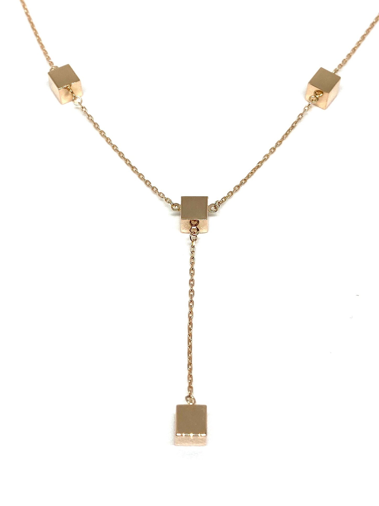 Rose Gold Square Cube Station Lariat Adjustable Chain Necklace
