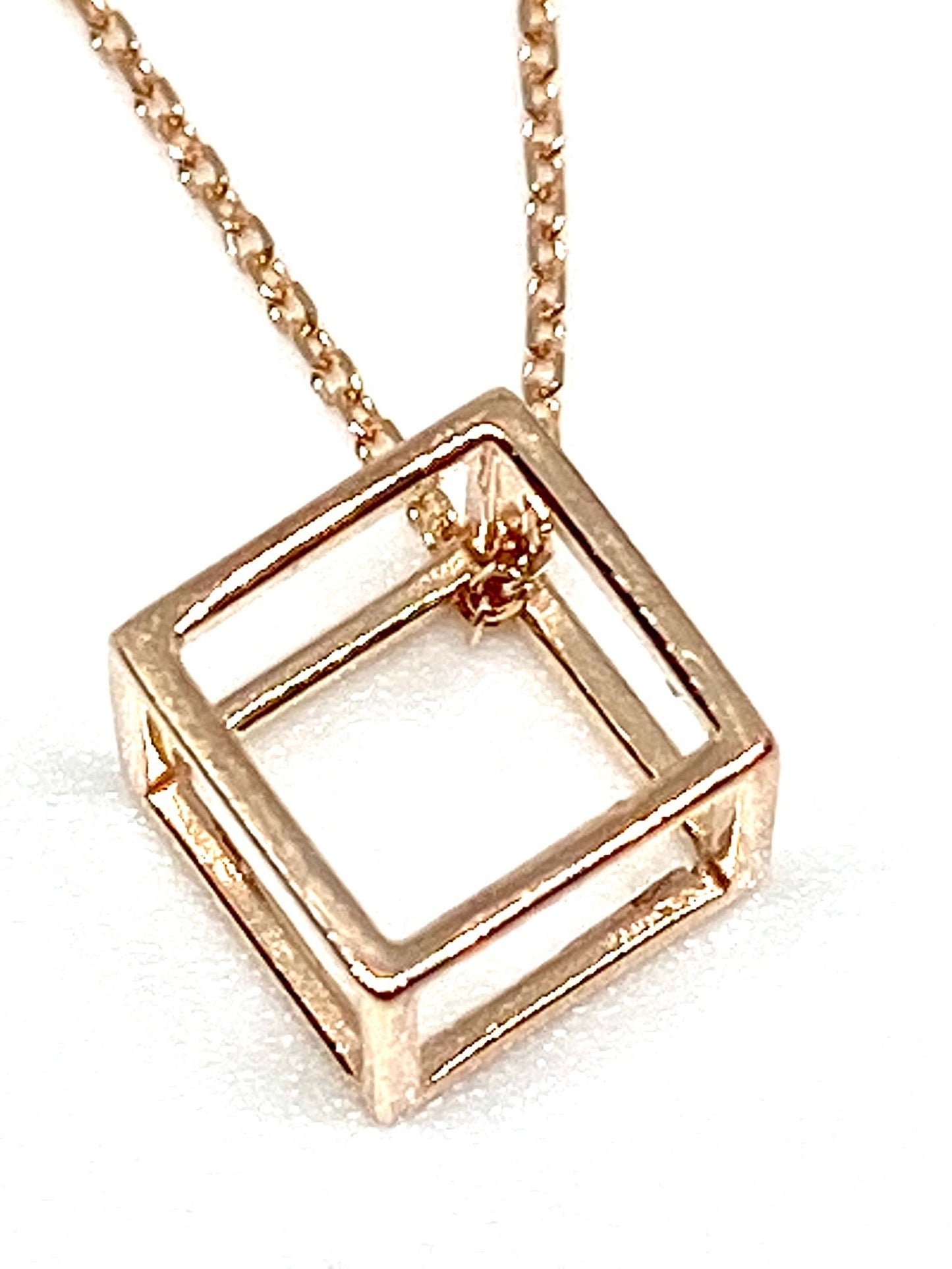 Rose Gold 3D Open Cube Pendant Chain Necklace