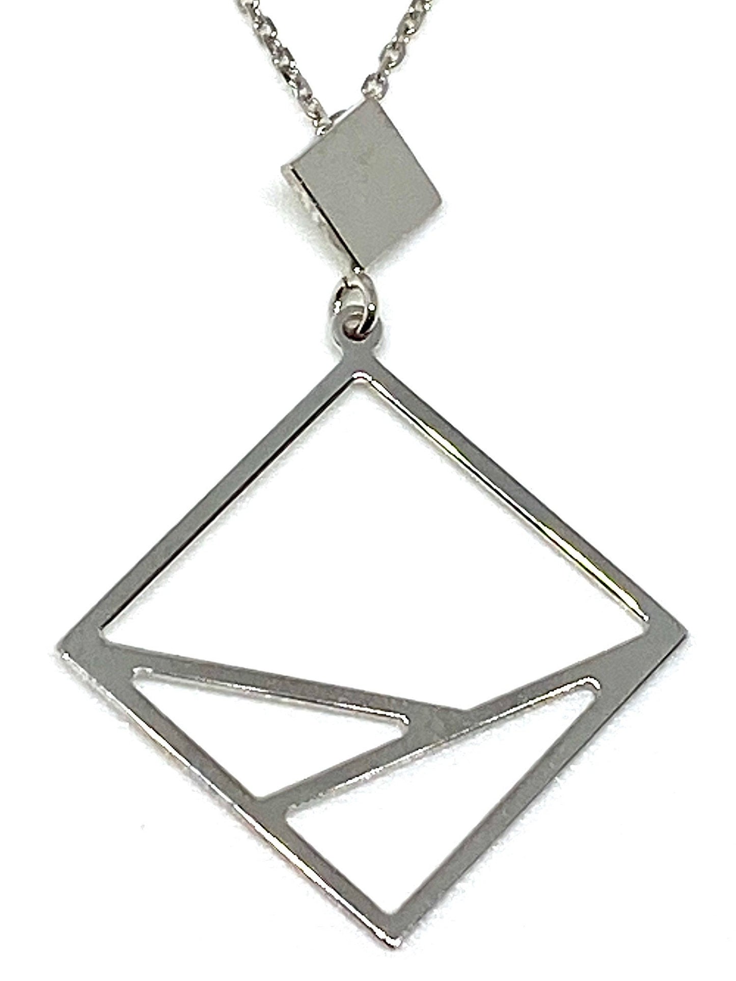 White Gold Geometric Cube Modernist Pendant Chain Necklace