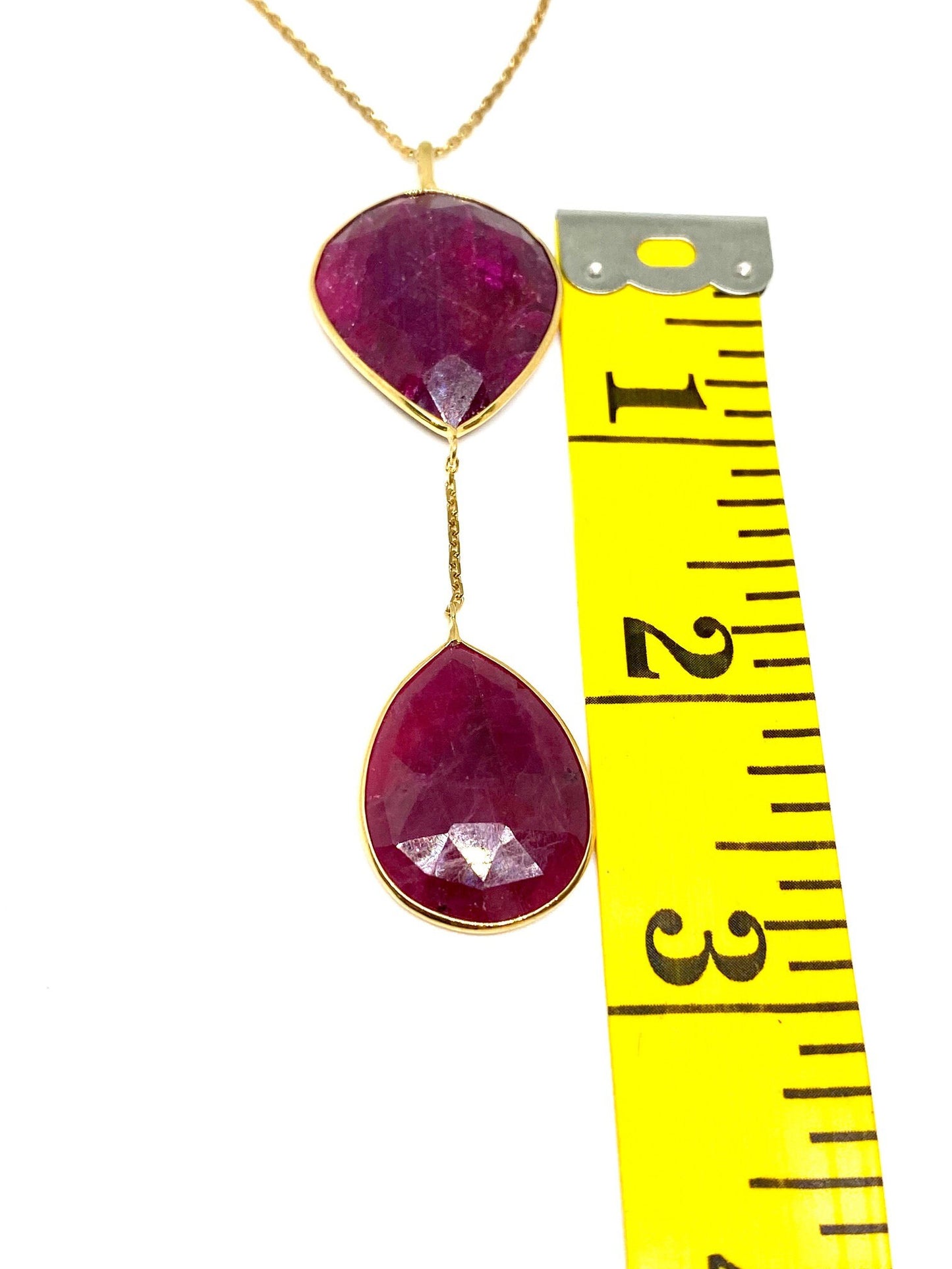 Yellow Gold Chunky Natural Red Ruby Gemstone Lariat Drop Necklace