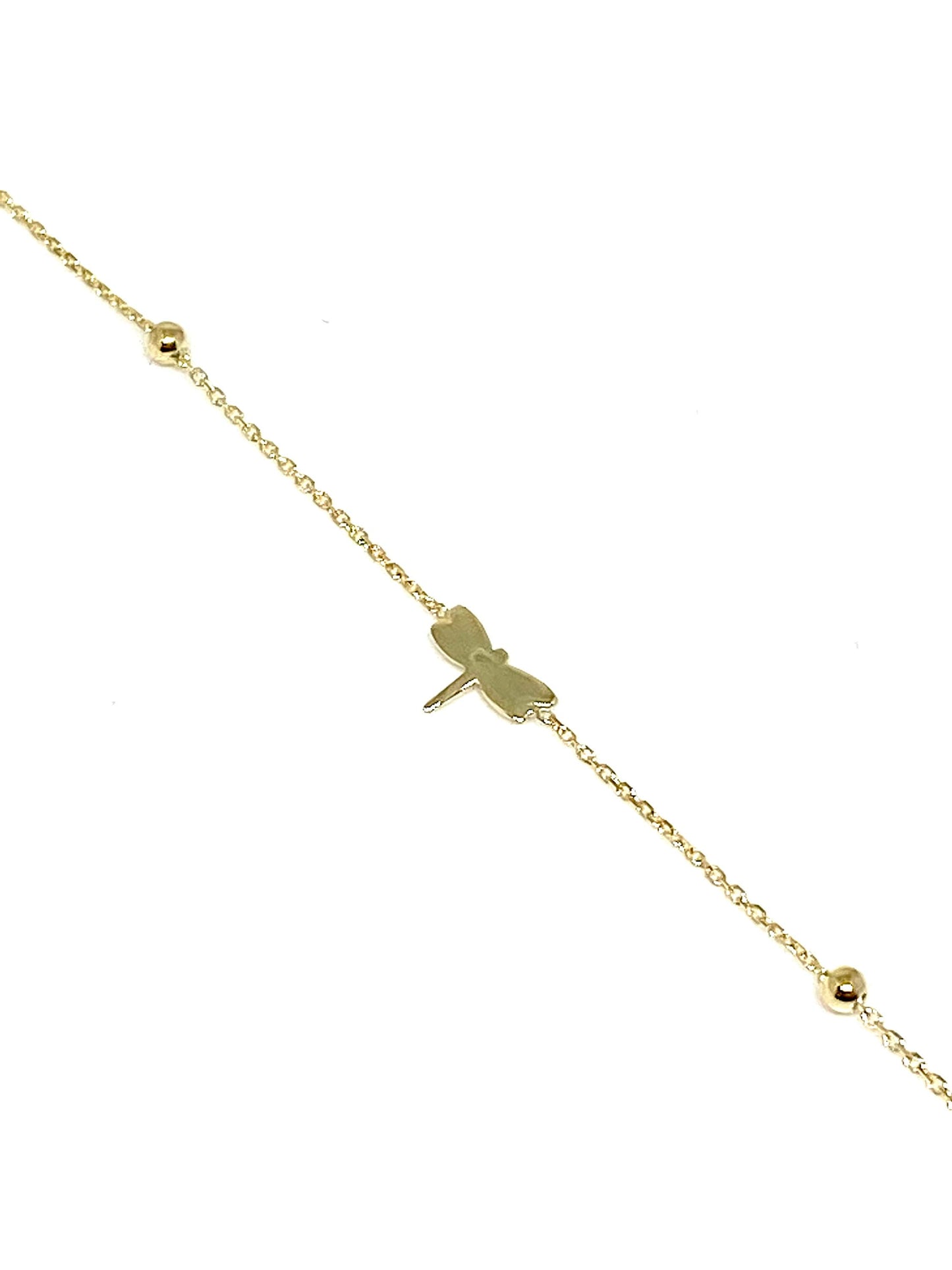 Yellow Gold Mini Dragonfly Station Adjustable Rolo Link Anklet Bracelet