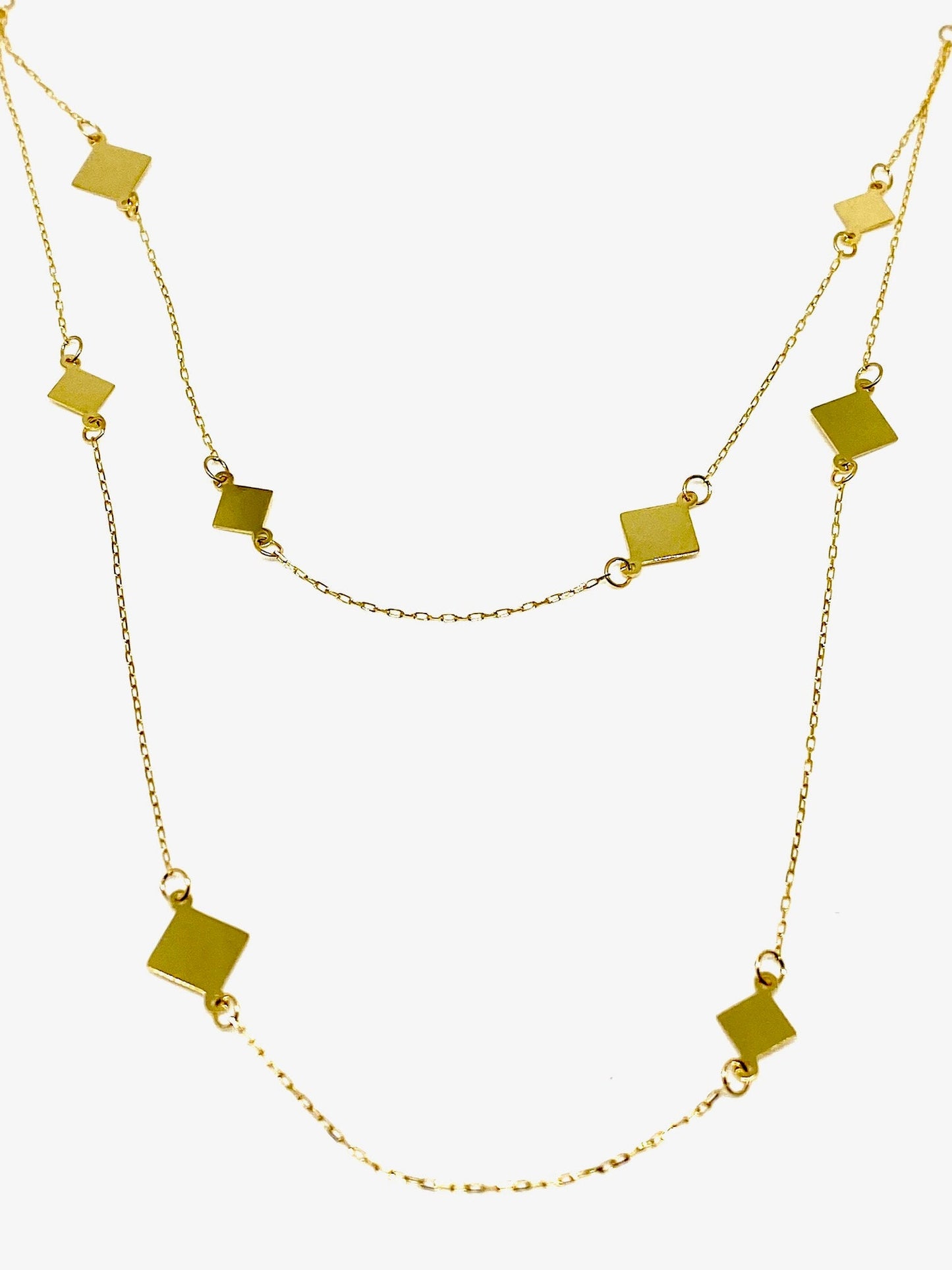 Yellow Gold Square Station Double Strand Layered Adjustable Necklace
