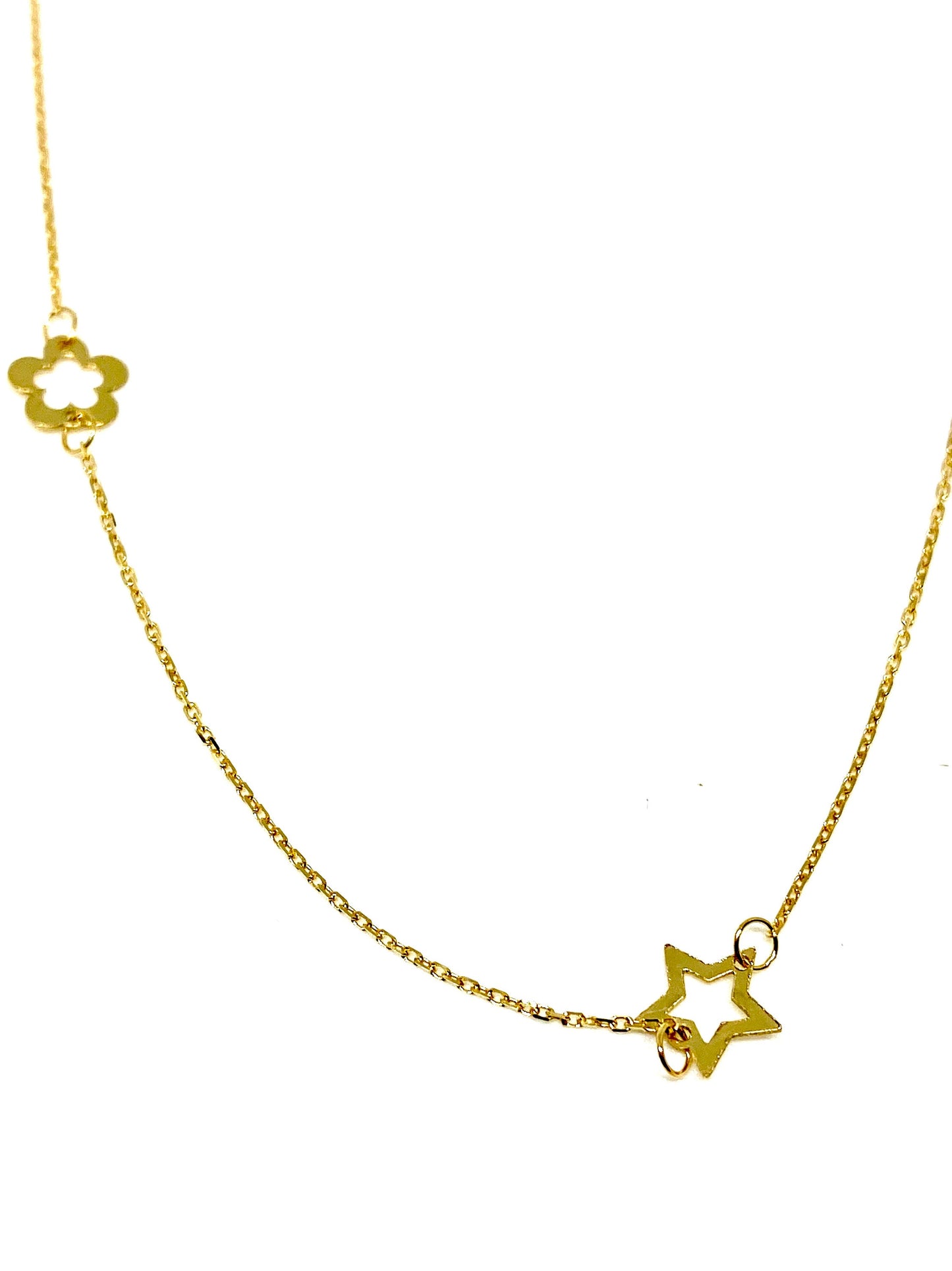 Yellow Gold Heart; Star; Flower & Moon Station Chain Necklace
