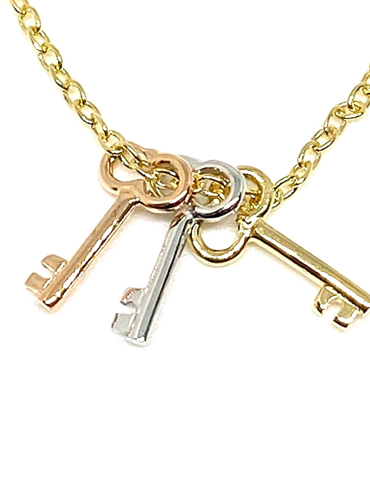 Tri-Color Gold 3 Love Key(s) Dangle Pendant Yellow Chain Necklace