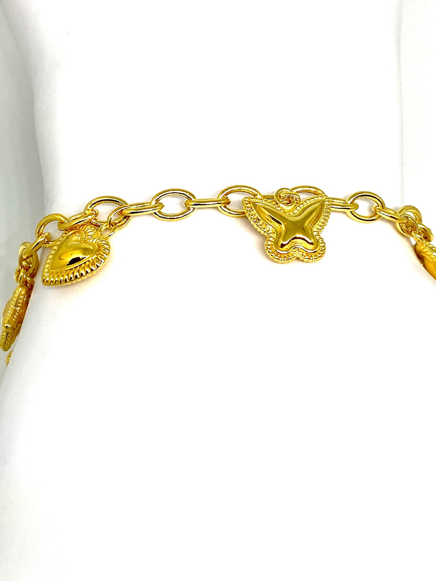 Yellow Gold Over Sterling Silver Heart Star Butterfly Charms Bracelet