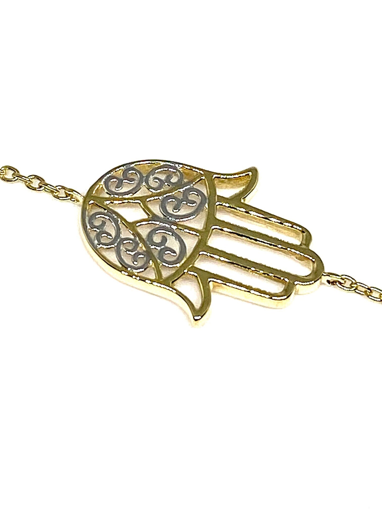 Two-Tone Gold Religious Filigree HAMSA Hand Chain Bracelet