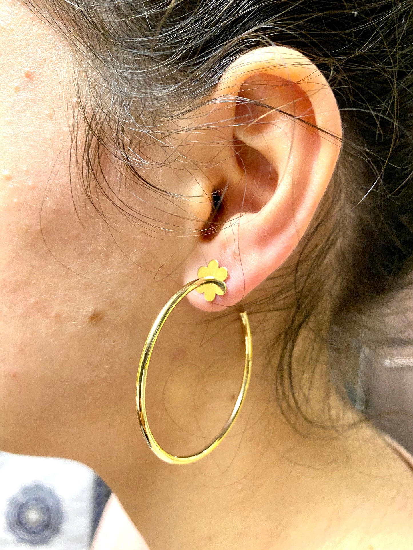 Yellow Gold Flower Open Hoop Earrings