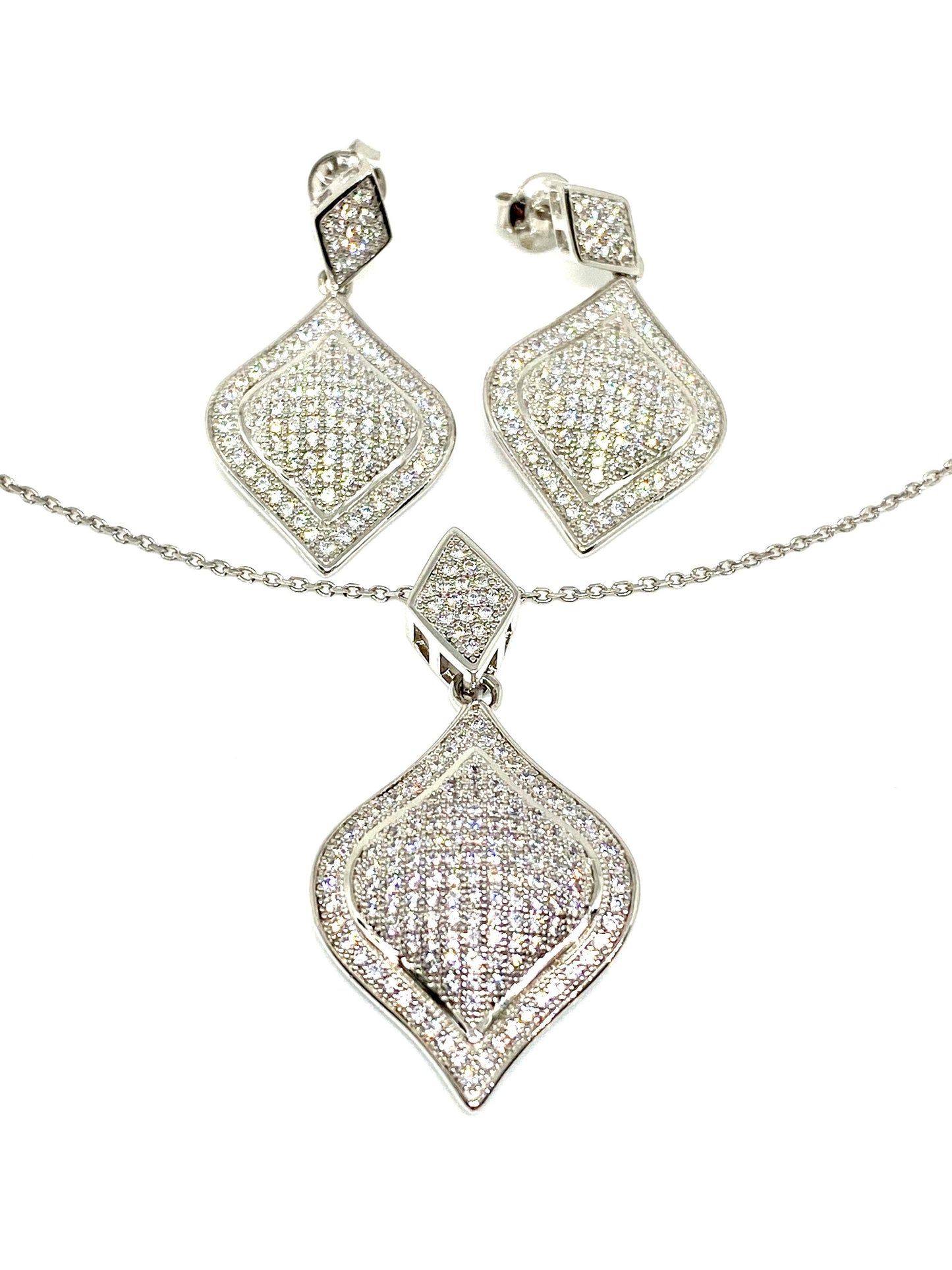 White Gold over Sterling Silver w/Round CZ Accents Dangle Pendant & Earrings Set
