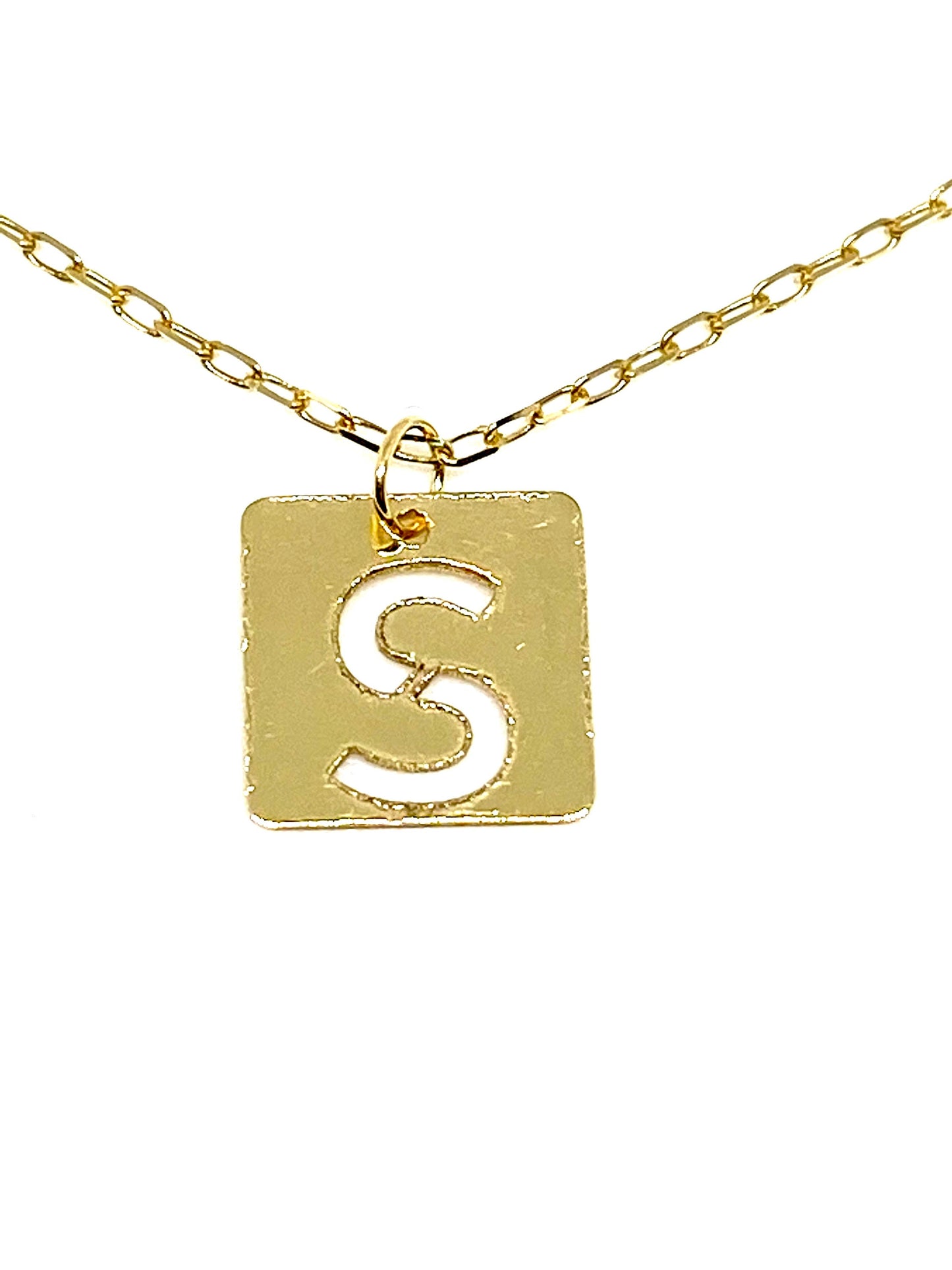 Yellow Gold Cut-out Letter Initial S Square Pendant Chain Necklace
