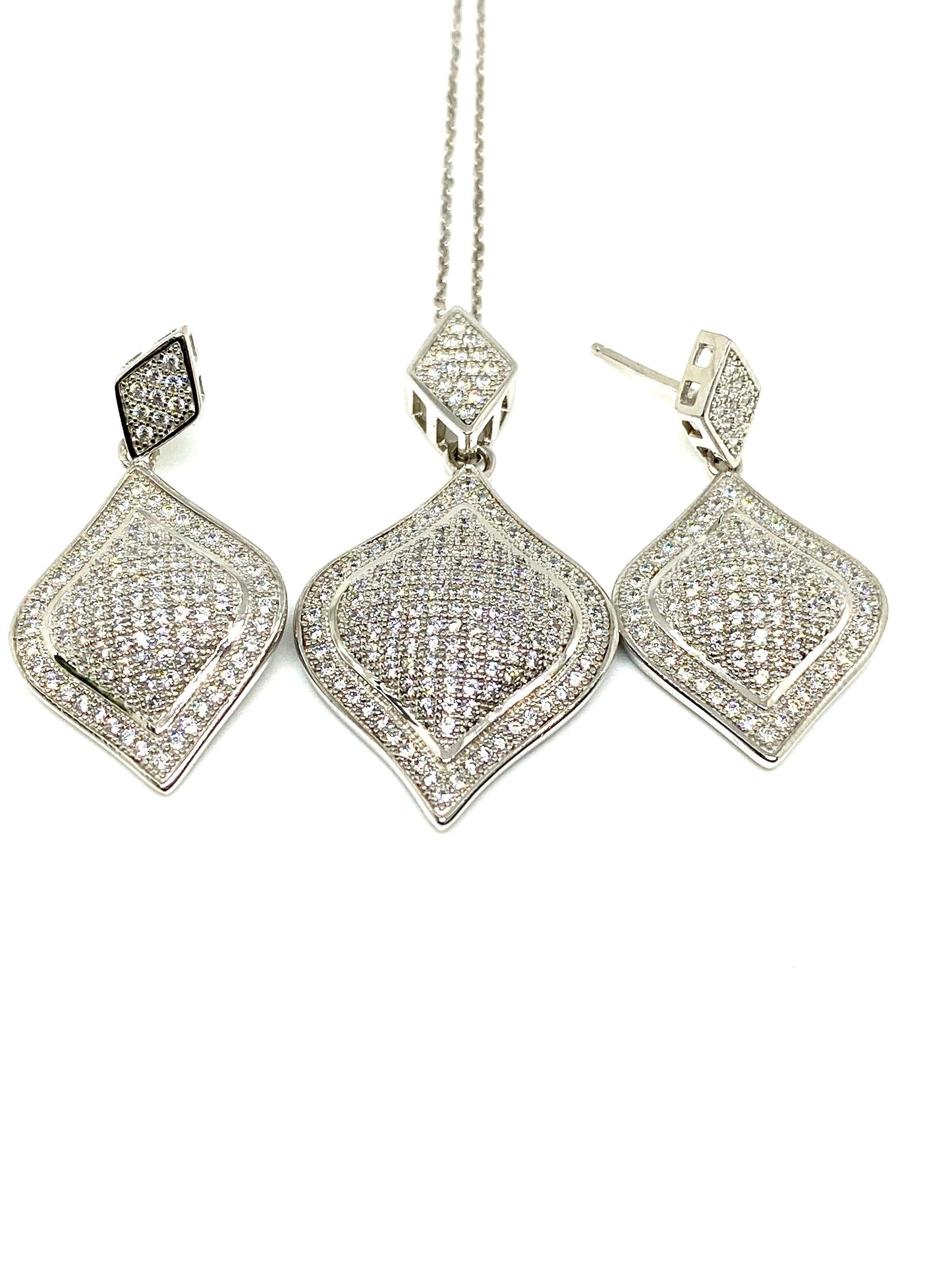White Gold over Sterling Silver w/Round CZ Accents Dangle Pendant & Earrings Set