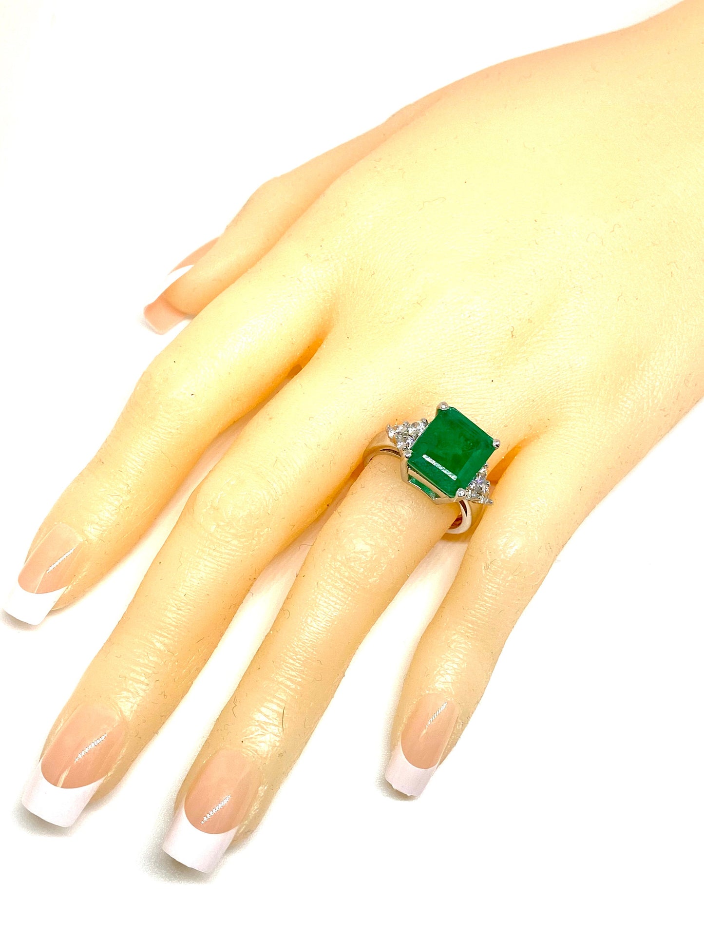 Rhodium Plated Over Solid Sterling Silver Emerald w/CZ Cocktail Ring