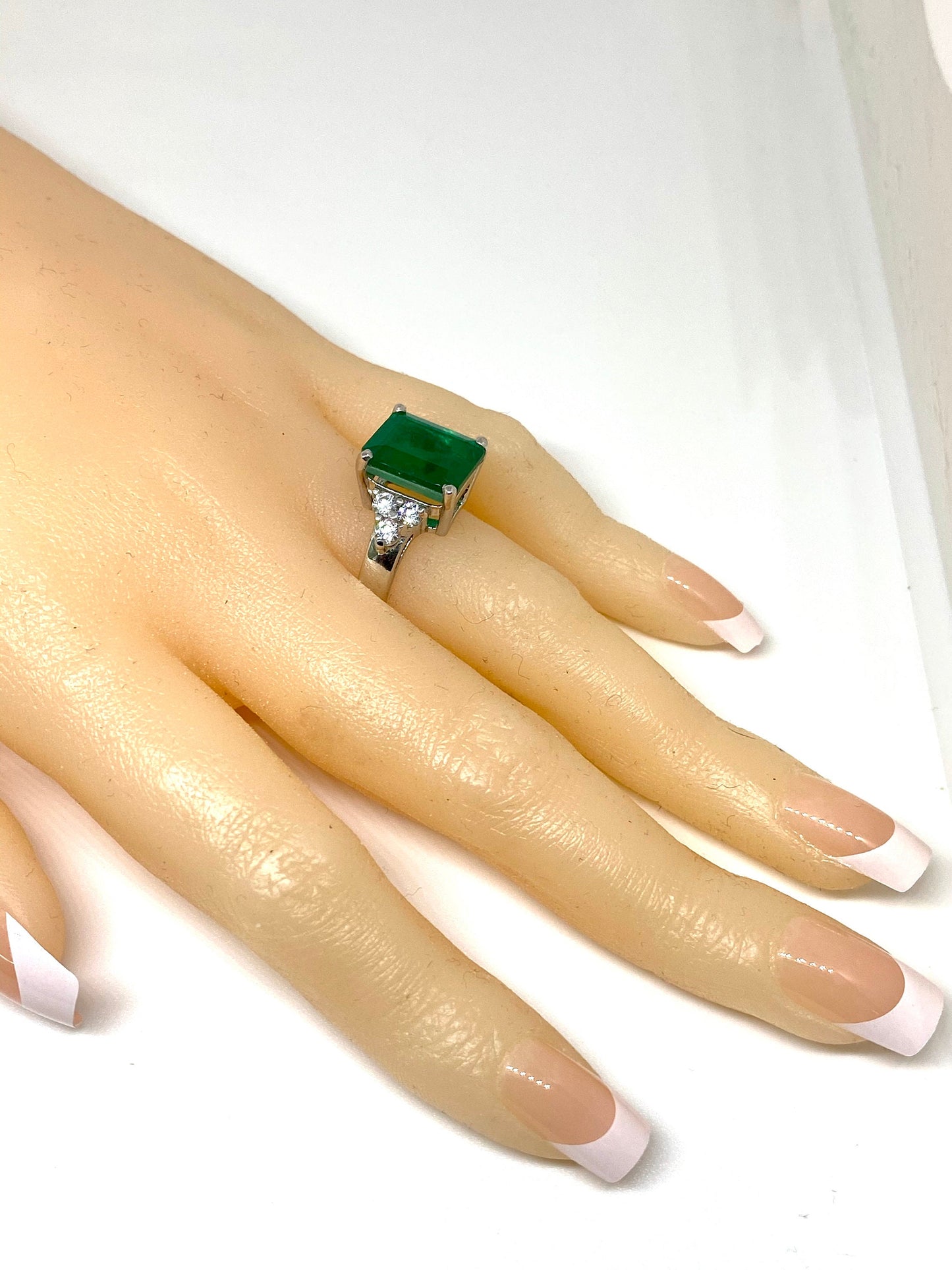Rhodium Plated Over Solid Sterling Silver Emerald w/CZ Cocktail Ring