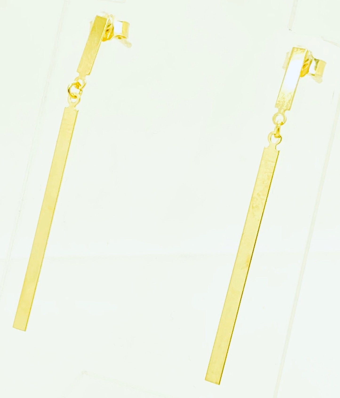 Yellow Gold Long Bar Dangle Drop Pushback Earrings
