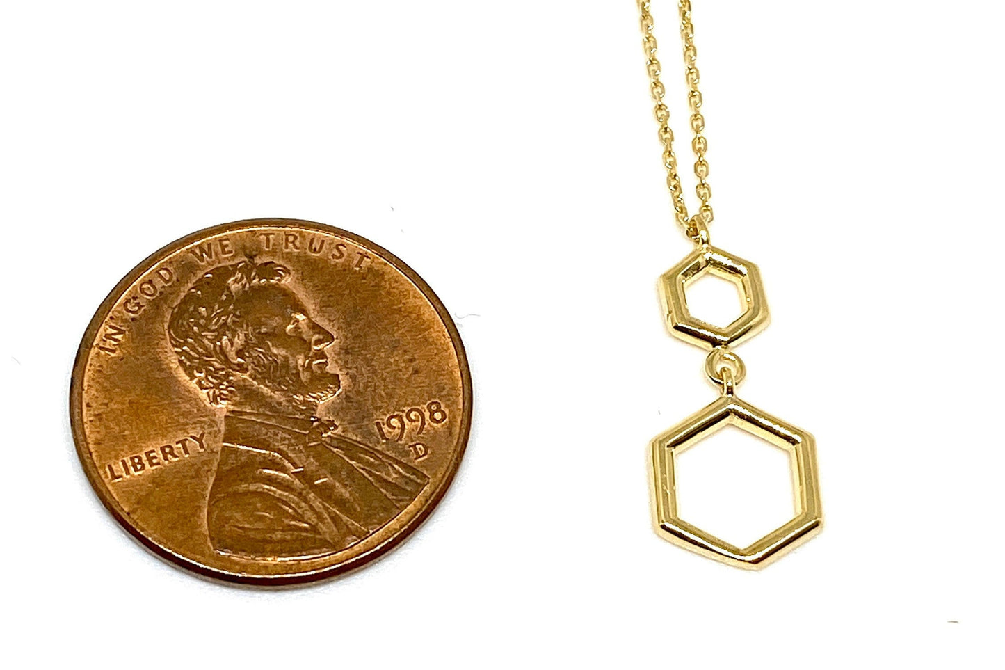 Yellow Gold Double Hexagon Dangle Pendant Chain Necklace