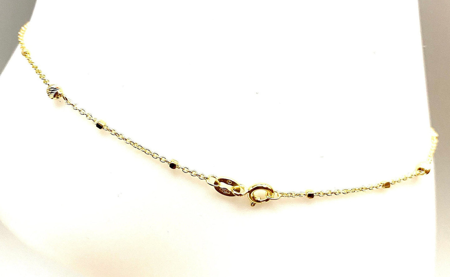 Yellow Gold Diamond-Cut Round Beaded Station Anklet Bracelet