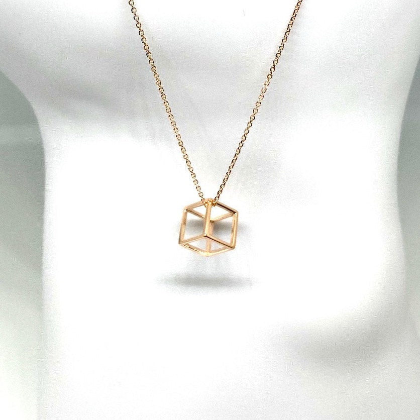 Rose Gold 3D Open Cube Pendant Chain Necklace