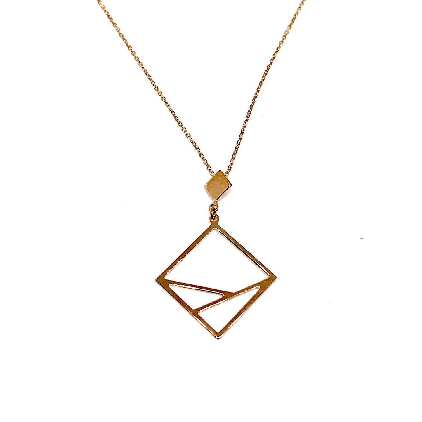 Rose Gold Geometric Cube Modernist Pendant Chain Necklace