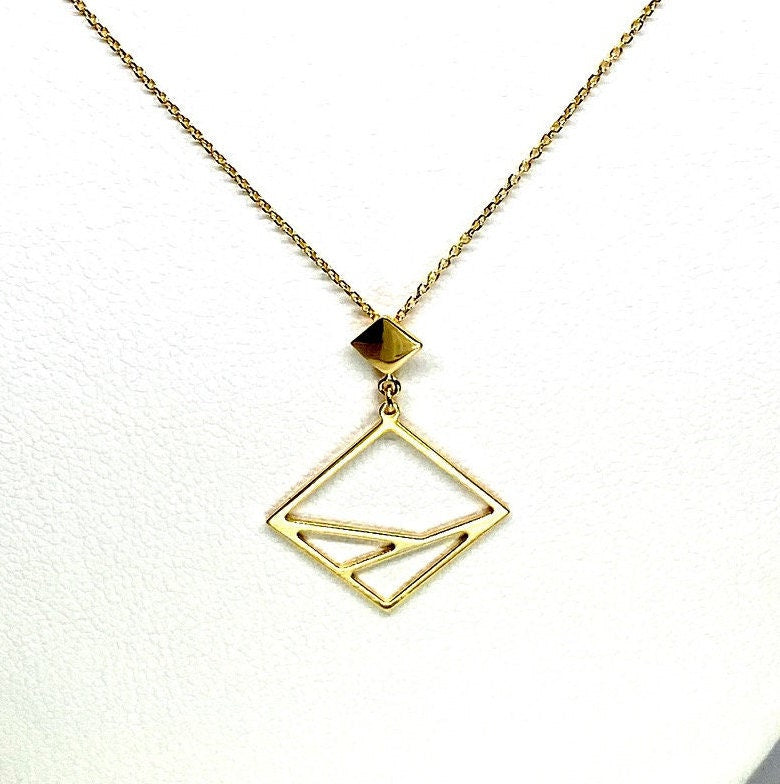 Yellow Gold Geometric Cube Modernist Pendant Chain Necklace