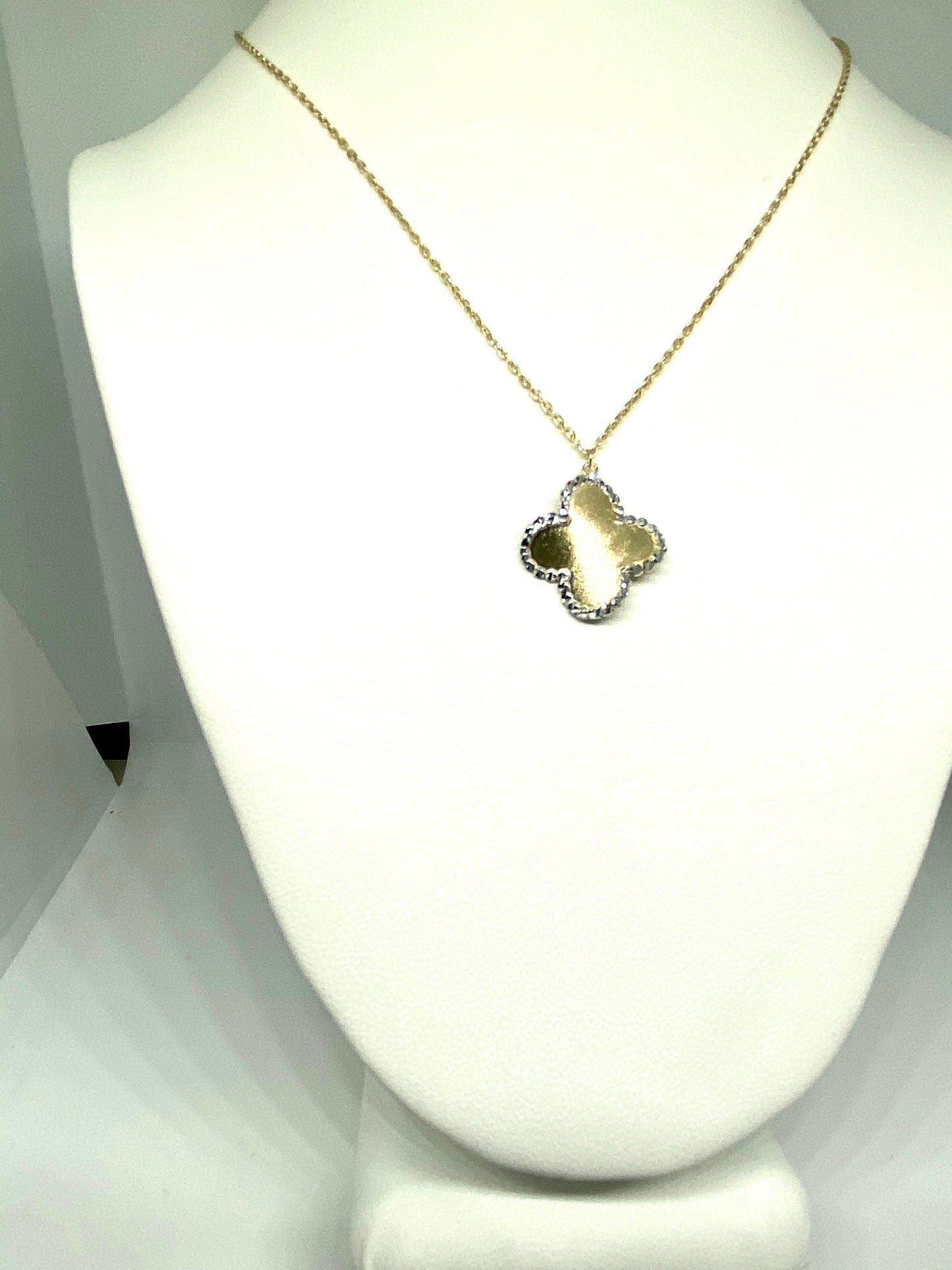 Yellow & White Gold Satin Finish Clover Pendant Chain Necklace