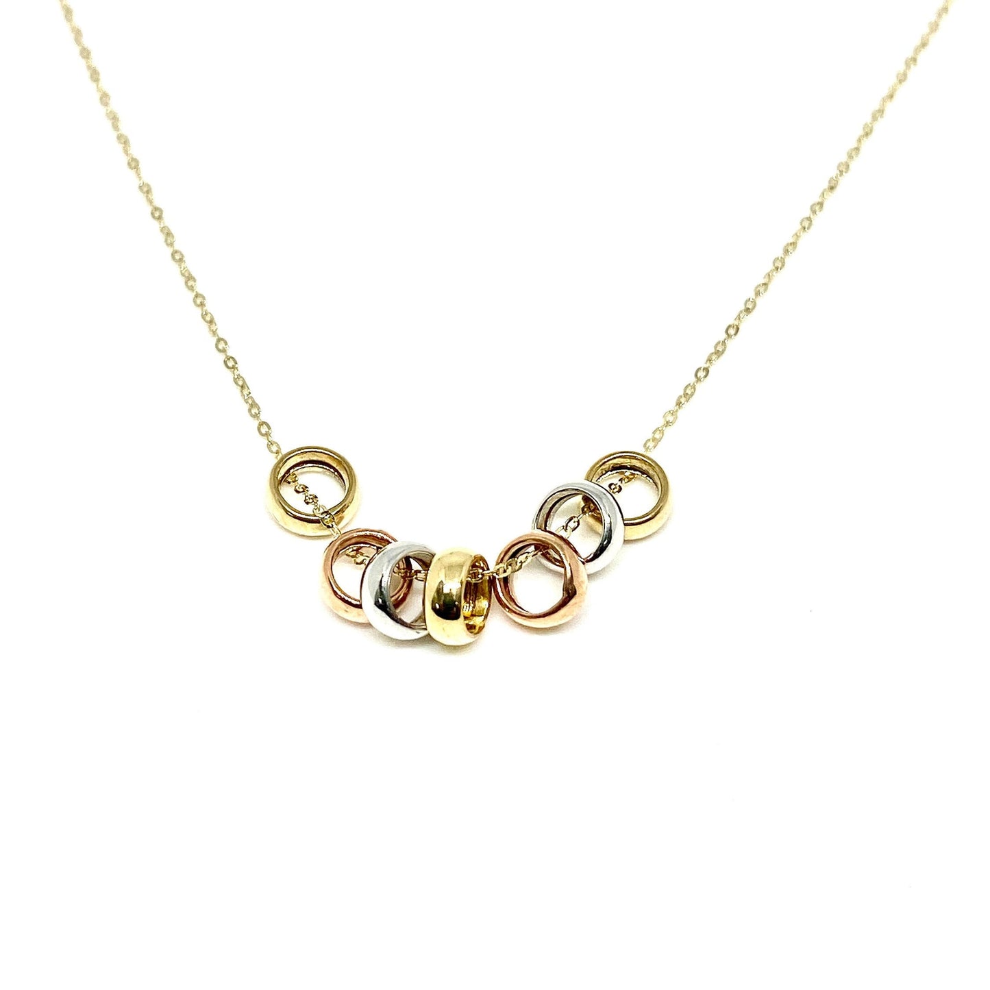 Tri-Color Gold 7 Round Lucky Rings Pendant Chain Necklace