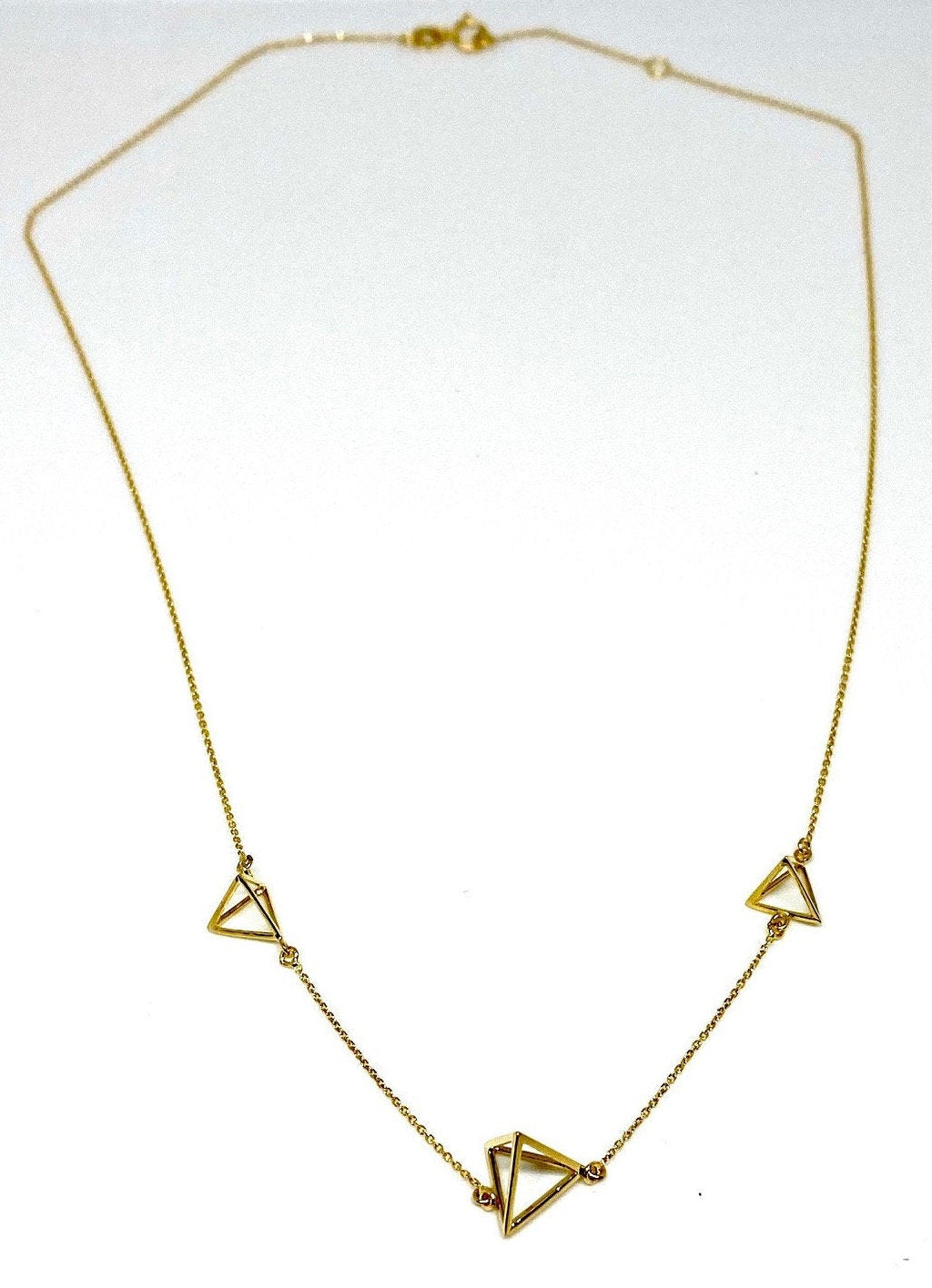 Yellow Gold 3D Triangle Pyramid Station Pendant Chain Necklace