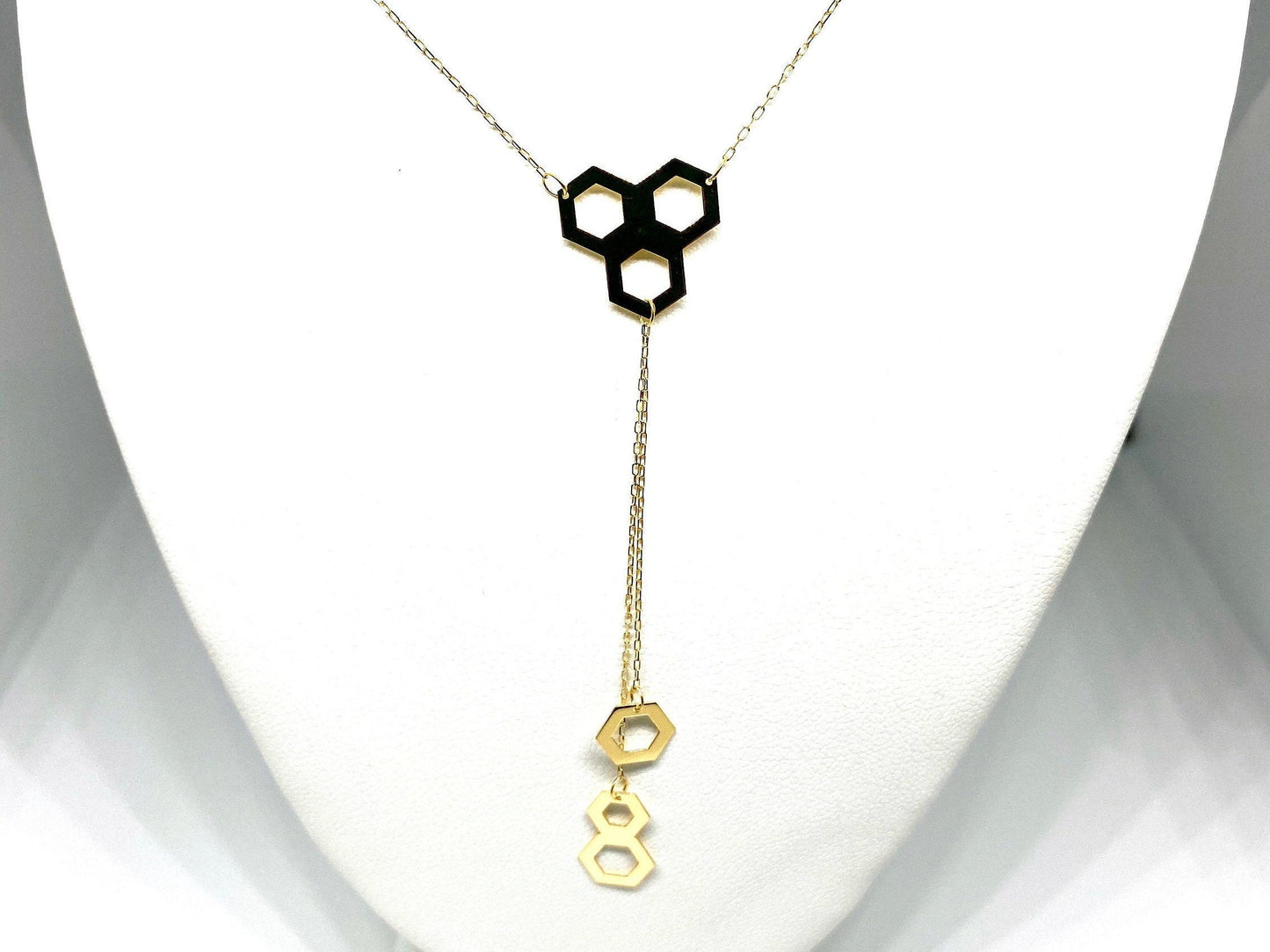 Yellow Gold Honeycomb Dangle Drop Lariat Adjustable Chain Necklace