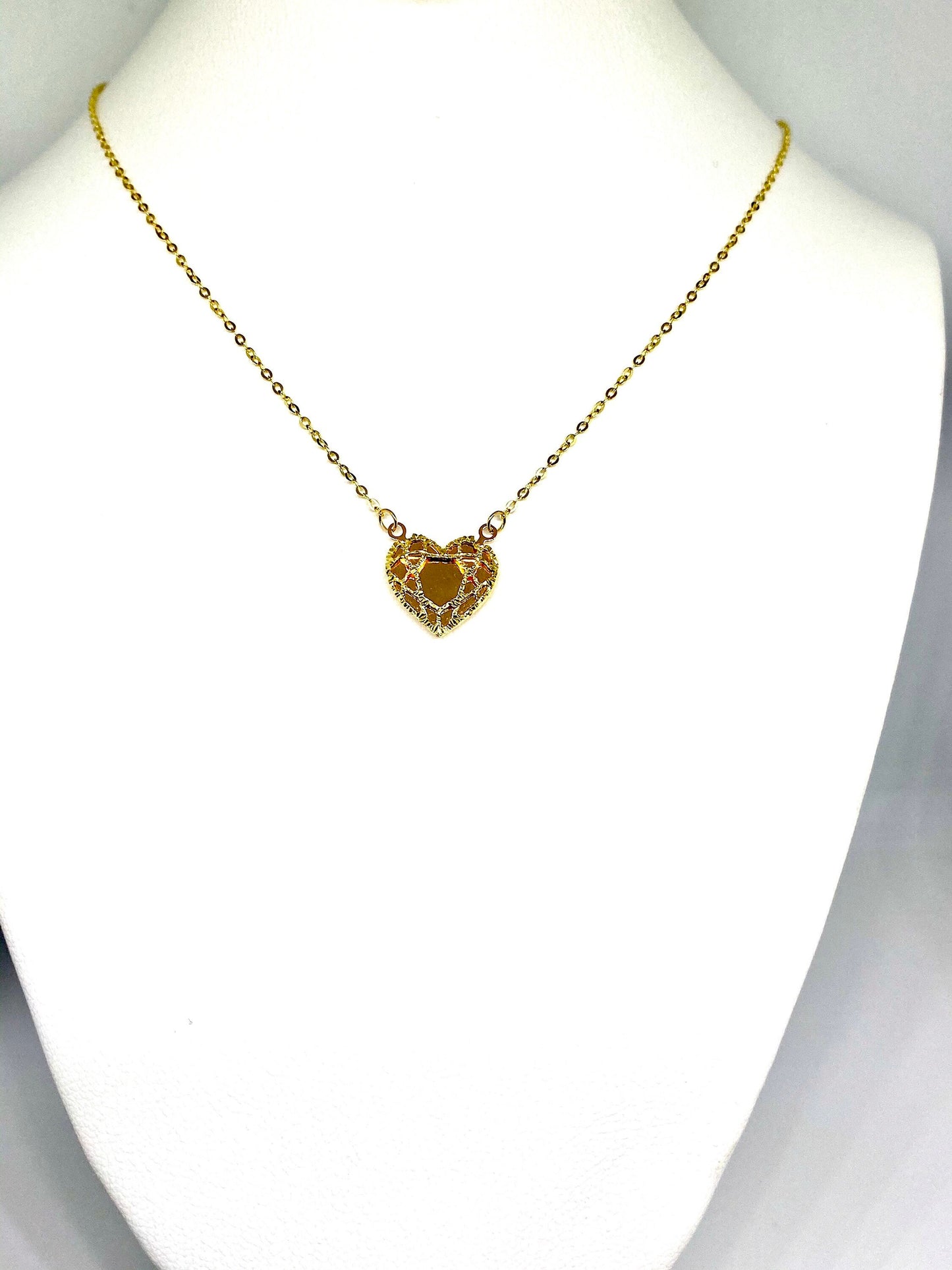 Yellow Gold High Polish Filigree Heart Pendant Chain Necklace