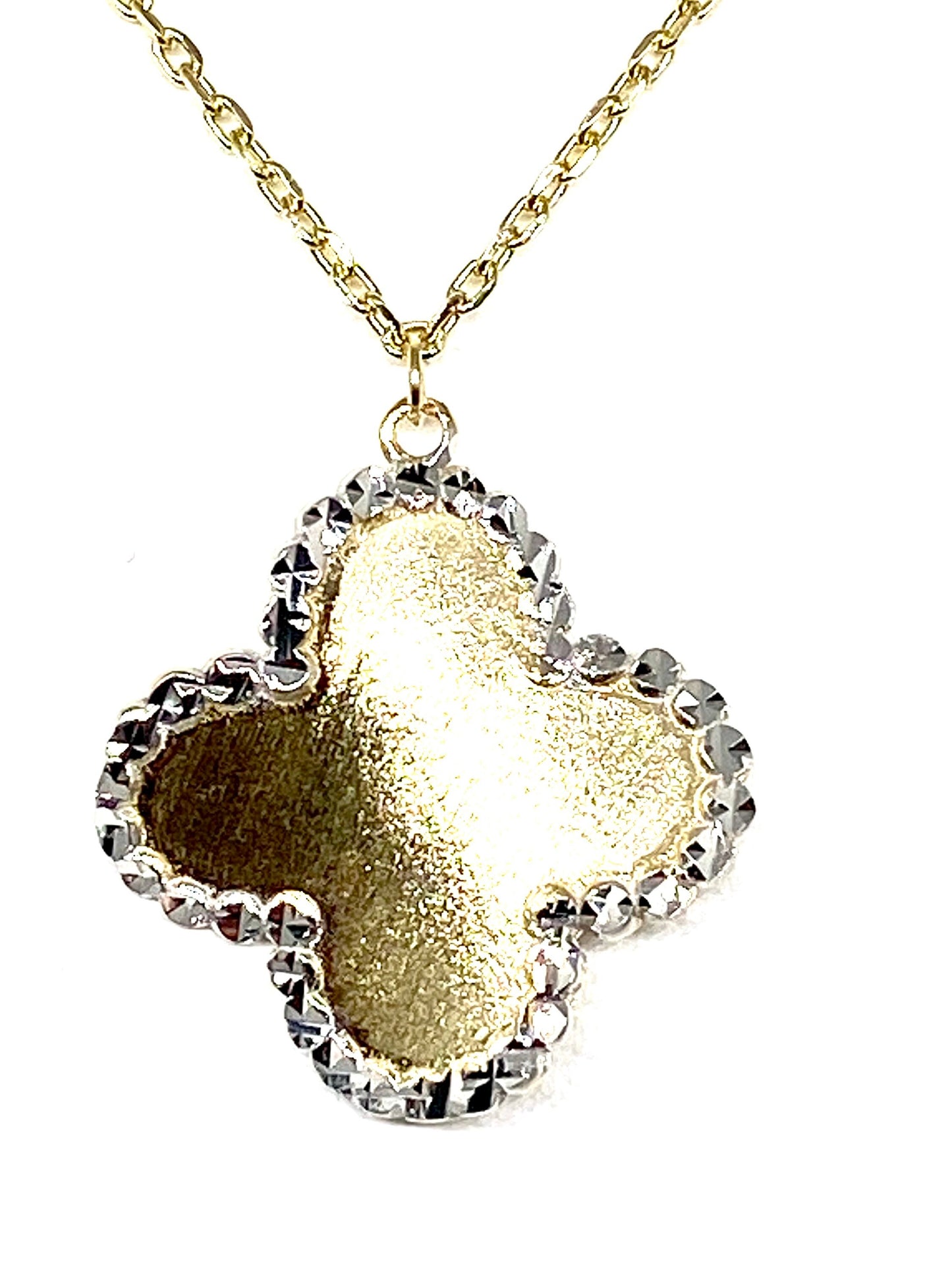 Yellow & White Gold Satin Finish Clover Pendant Chain Necklace