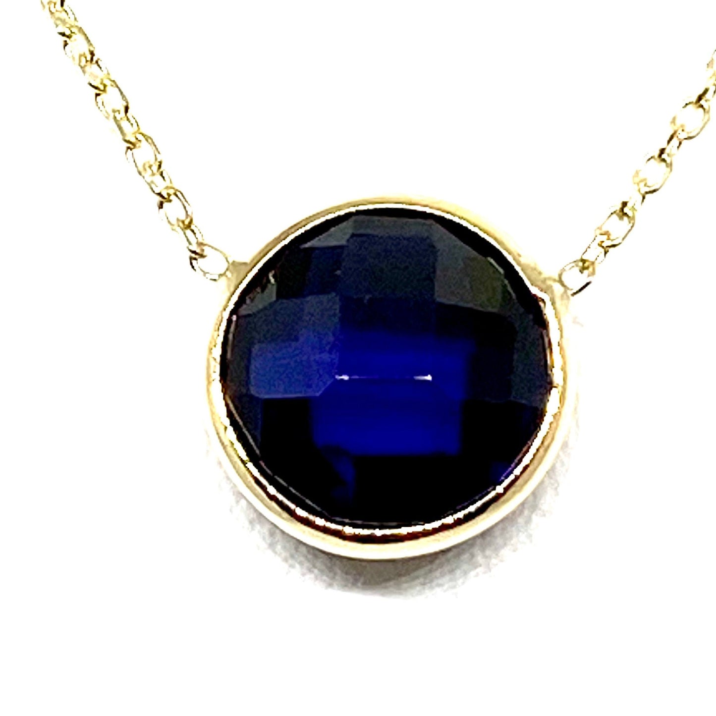 Yellow Gold Round Cut Blue Sapphire Bezel Chain Adjustable Necklace