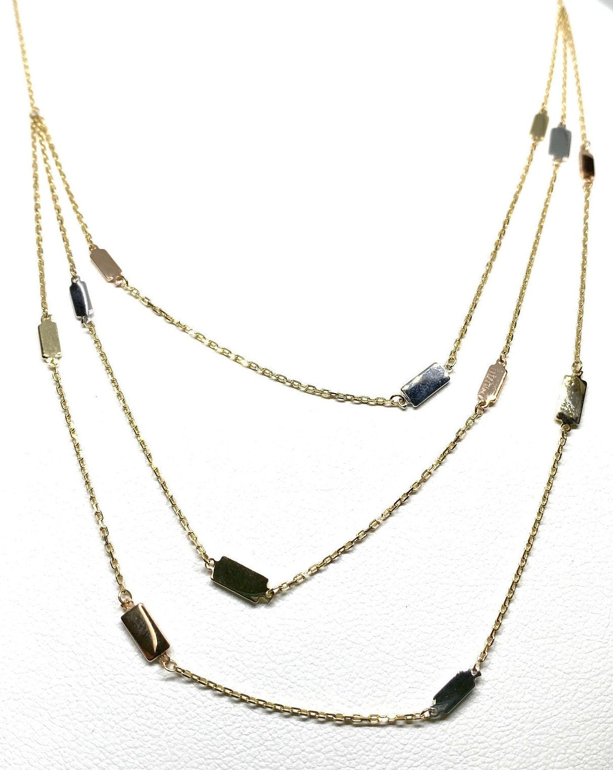Tri-Color Gold Rectangular Bar Station Layer Lariat Chain Necklace