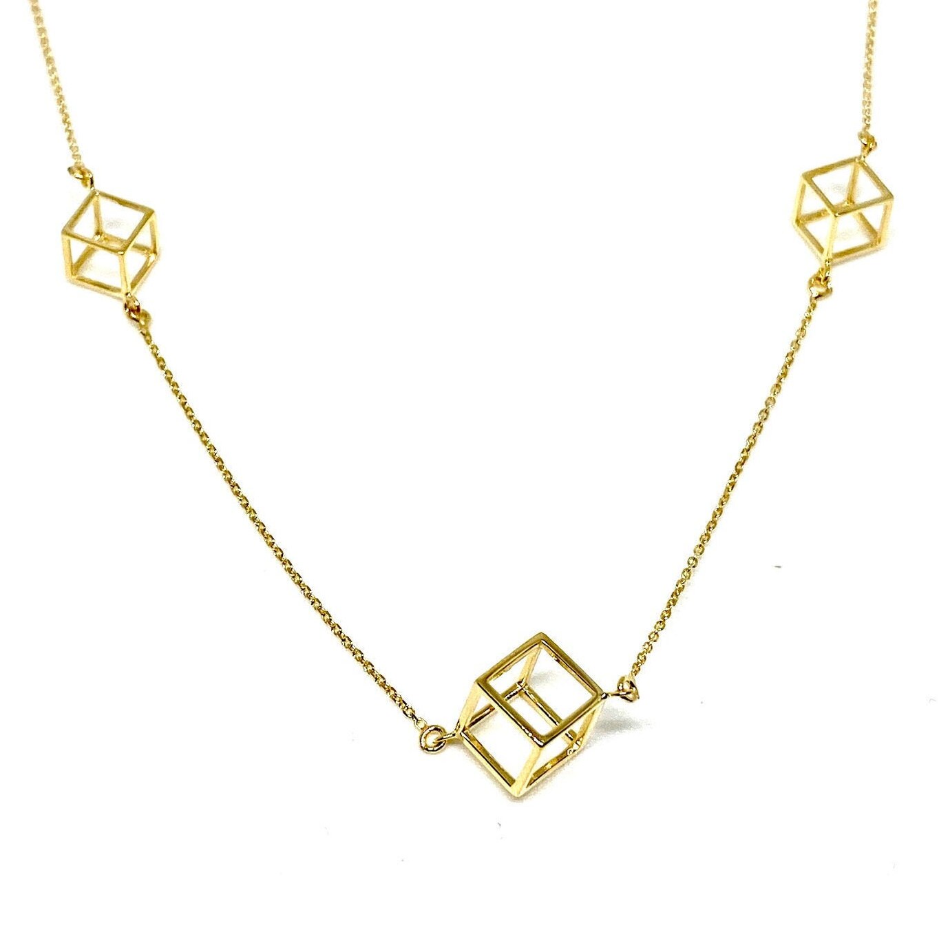 Yellow Gold 3D Cube Square Station Pendant Chain Necklace