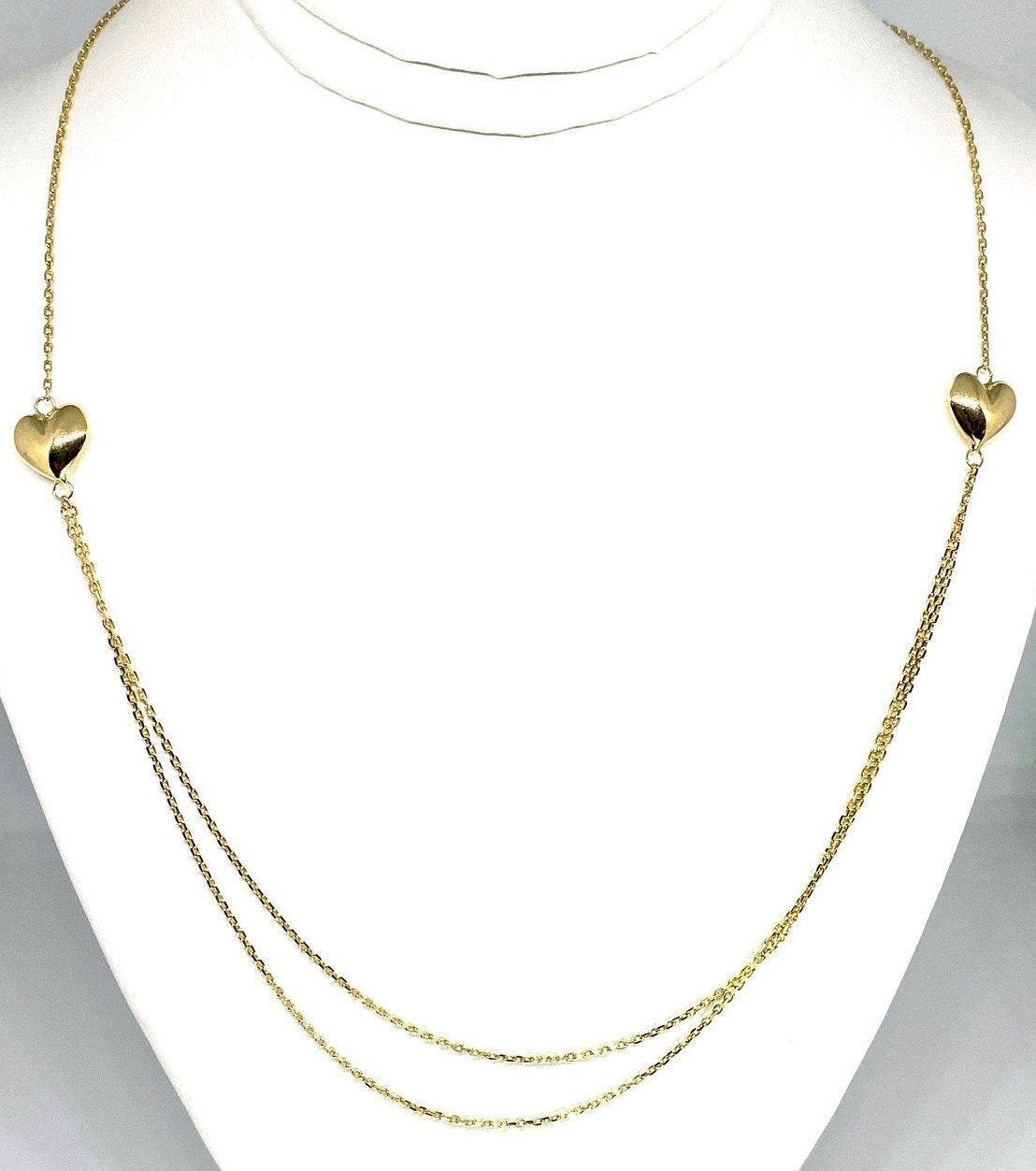 Yellow Gold Double Strand Heart Station Chain Layer Necklace