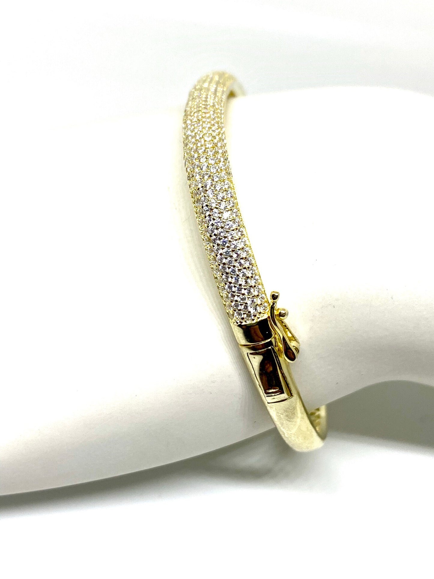 Yellow Gold Plated Cubic Zirconia Round Micro Pave 5mm Hinged Bangle Bracelet