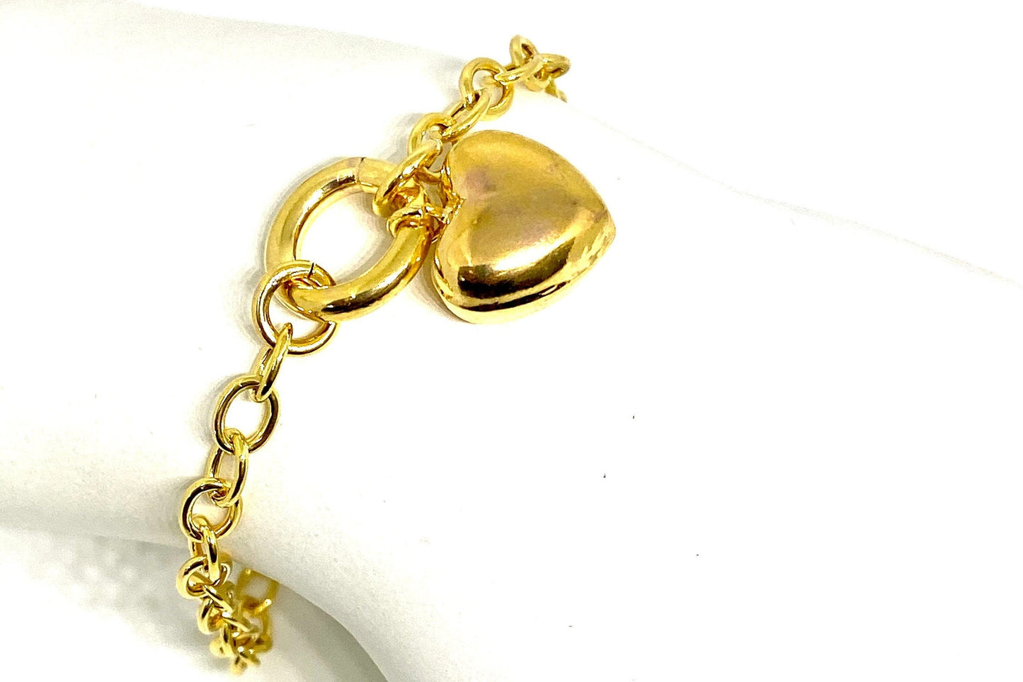 Yellow Gold Over Sterling Silver Puffy Heart Charm Toggle Clasp Bracelet