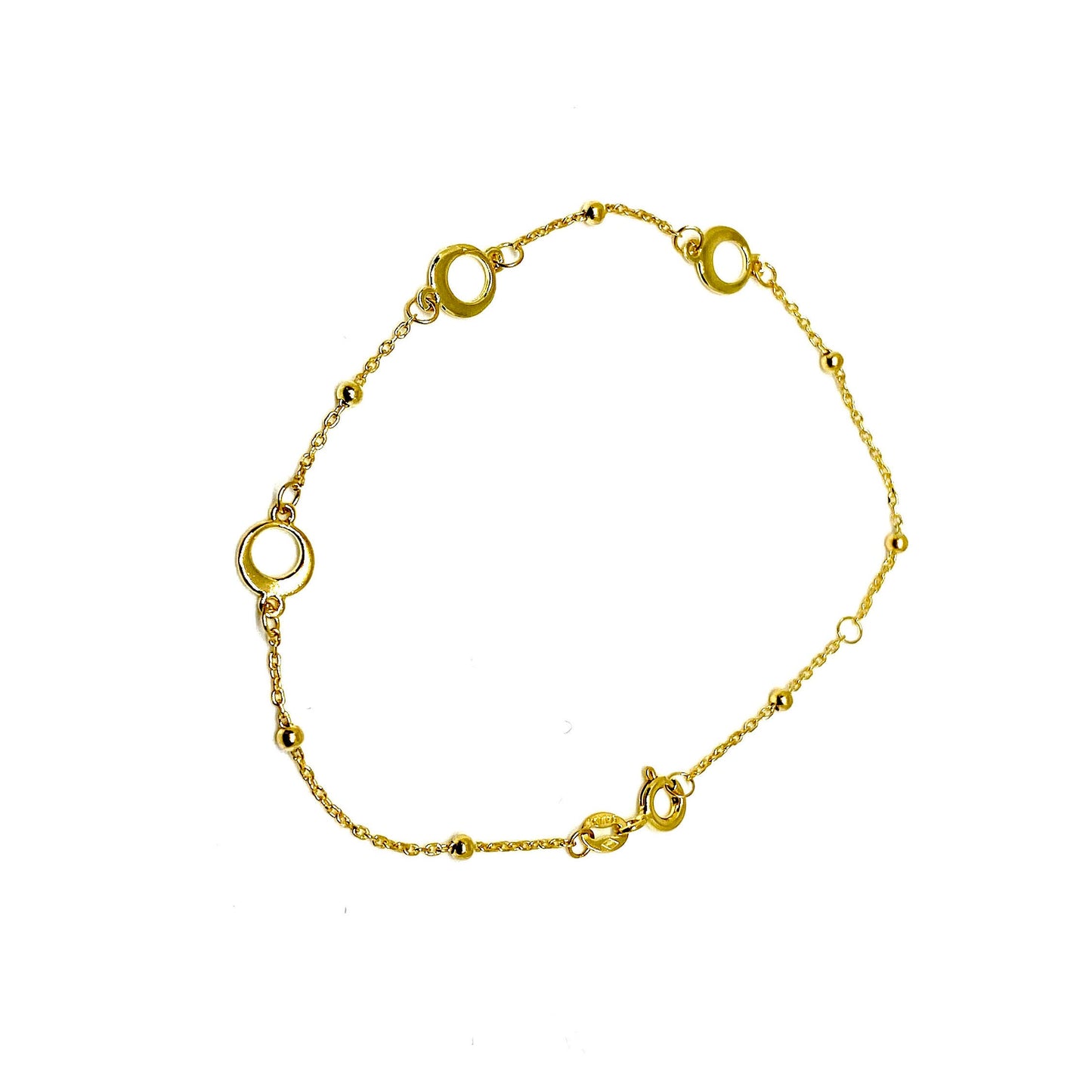 Yellow Gold Circles & Beads Station Adjustable Chain Bracelet