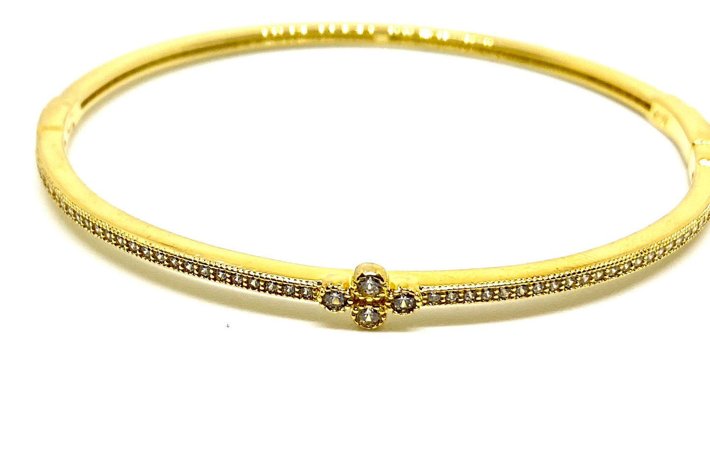 Yellow Gold Plated Cubic Zirconia Round Micro Pave Hinged Bangle Bracelet