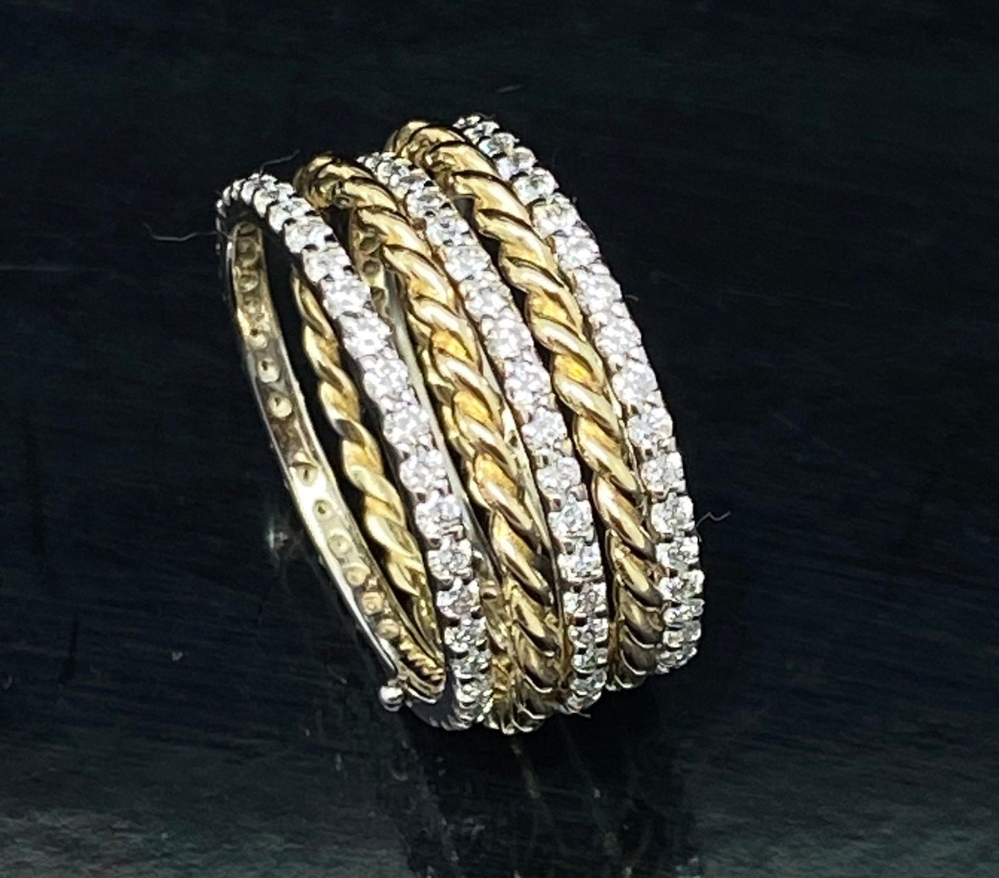 Yellow & White Gold Round Diamond Stackable 5 Row Band Ring