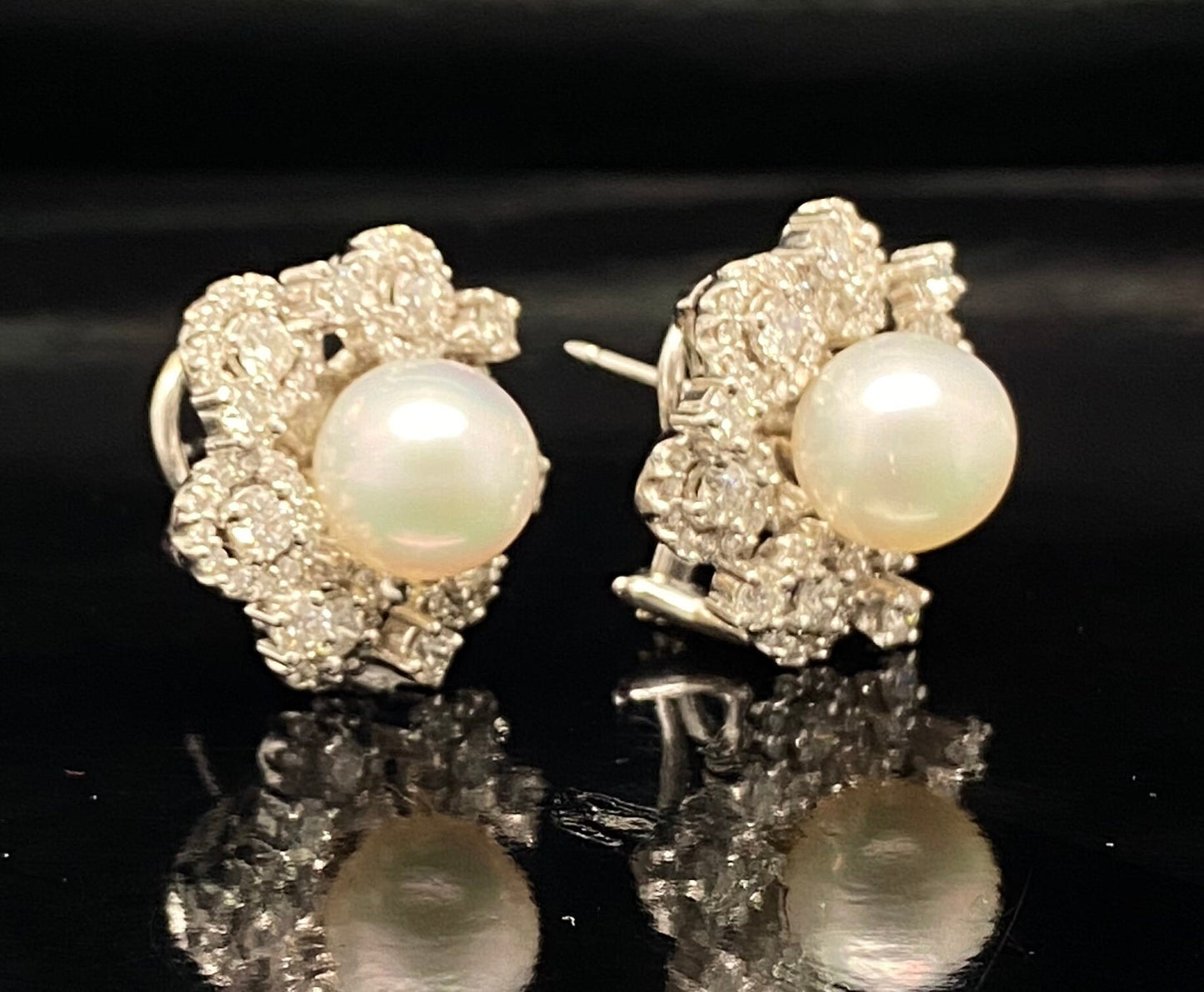 White Gold South Sea Pearl & Diamond Cluster Omega Back Earrings