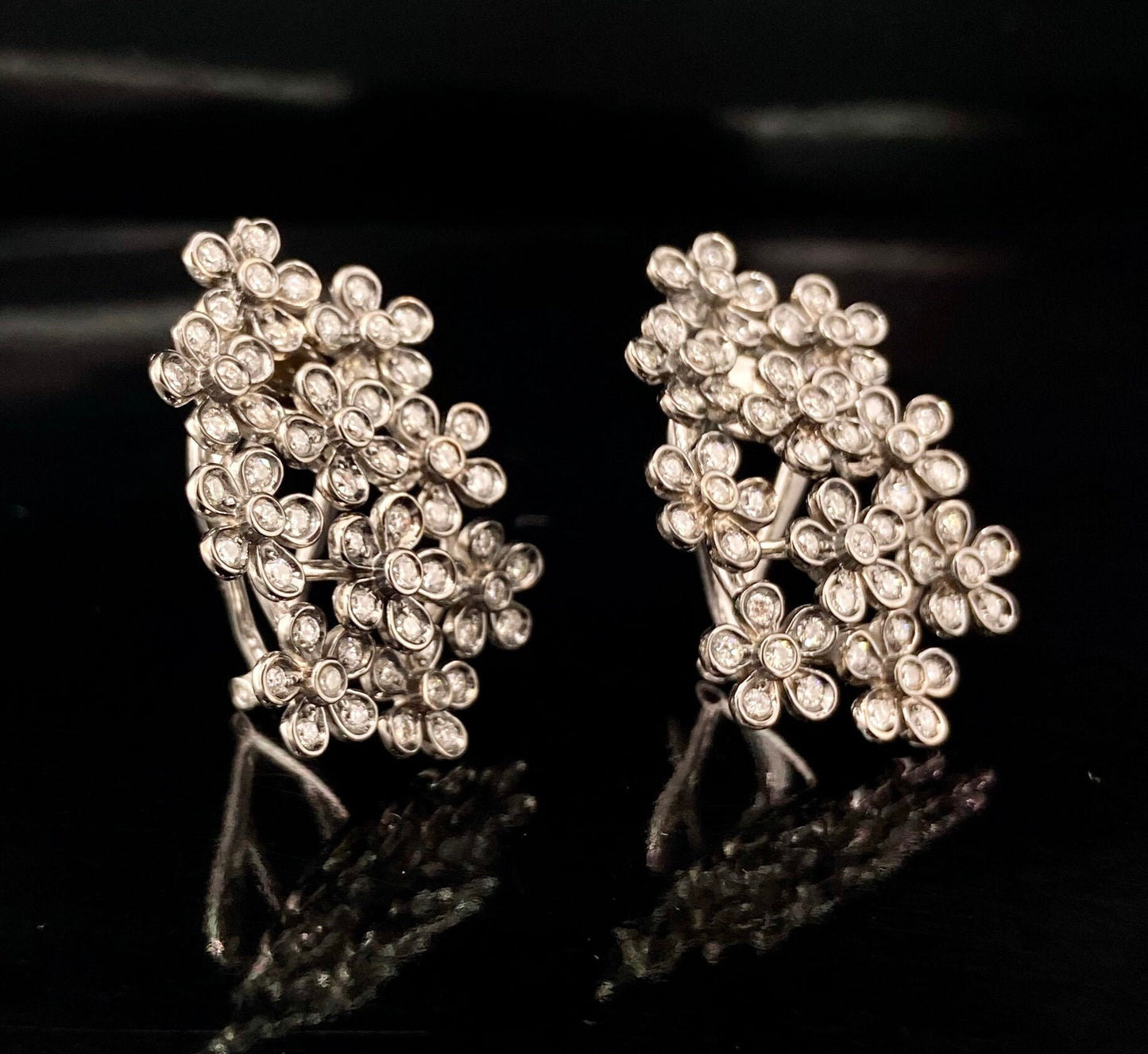 White Gold Black Rhodium Round Diamond Flower Cluster Earrings