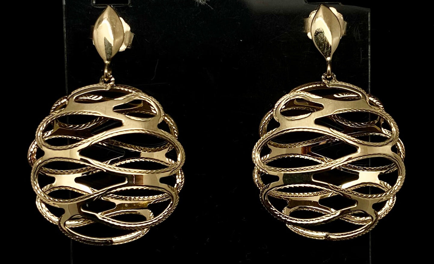 Yellow Gold Diamond Cut Round 3D Cage Dangle Drop Earrings