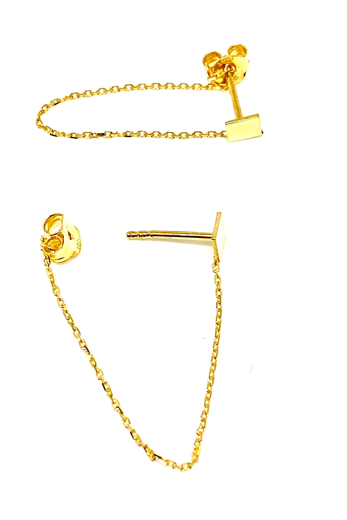 Solid Yellow Gold Drape Chain Square Stud Earrings