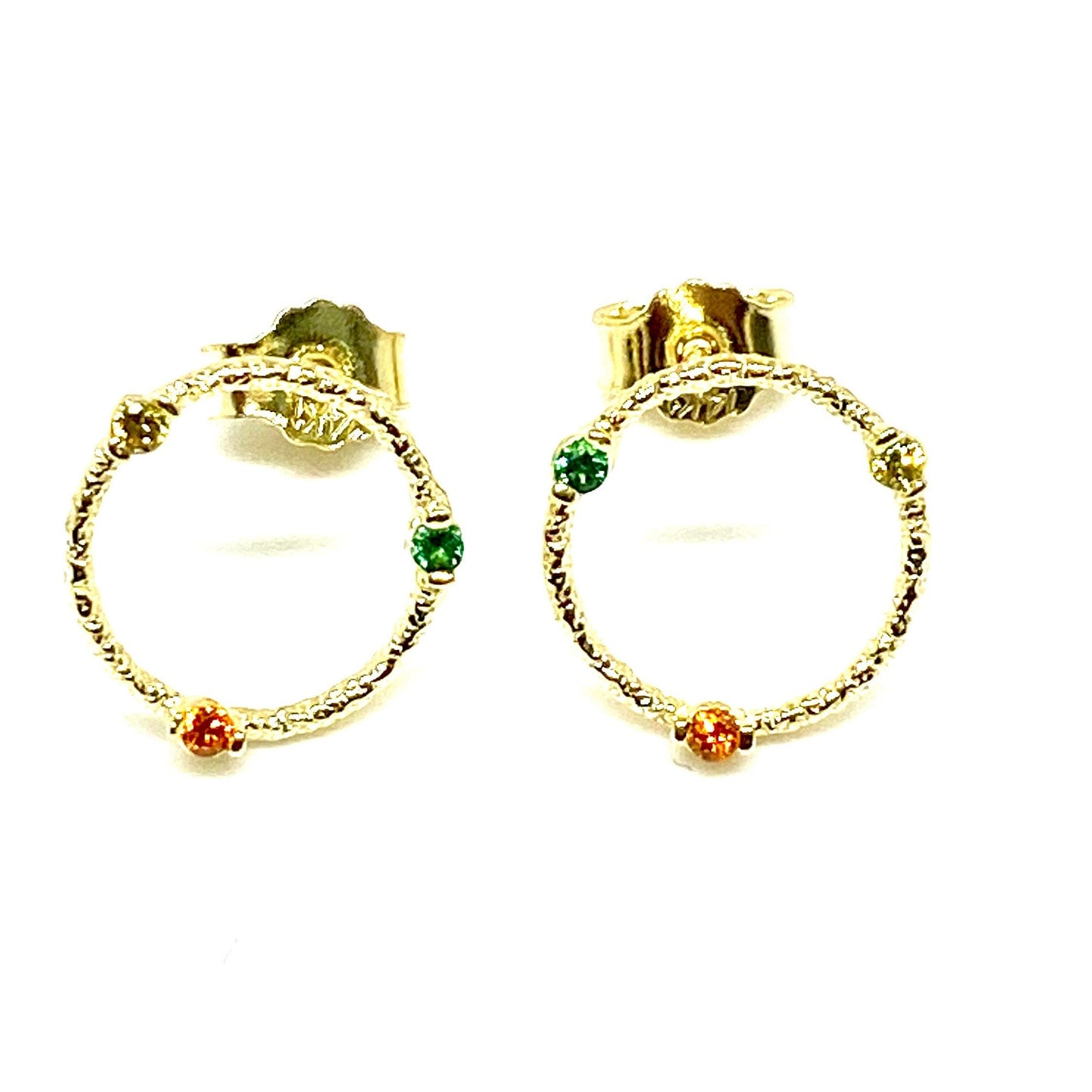 Yellow Gold  Round Cut Multi-Color Cubic Zirconia Circle Stud Earrings