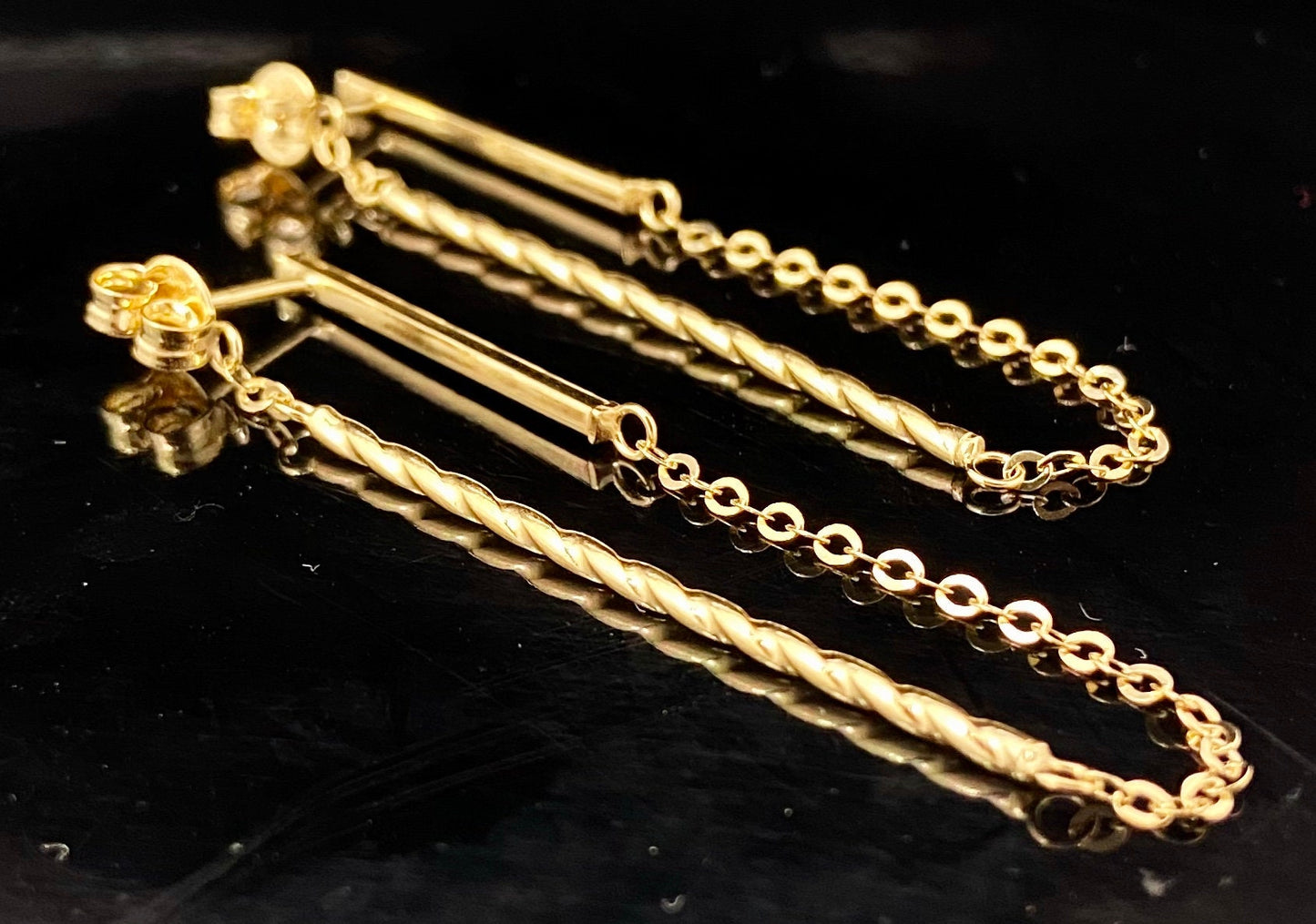 Yellow Gold Twisted Bar Chain Front Back Dangle Earrings