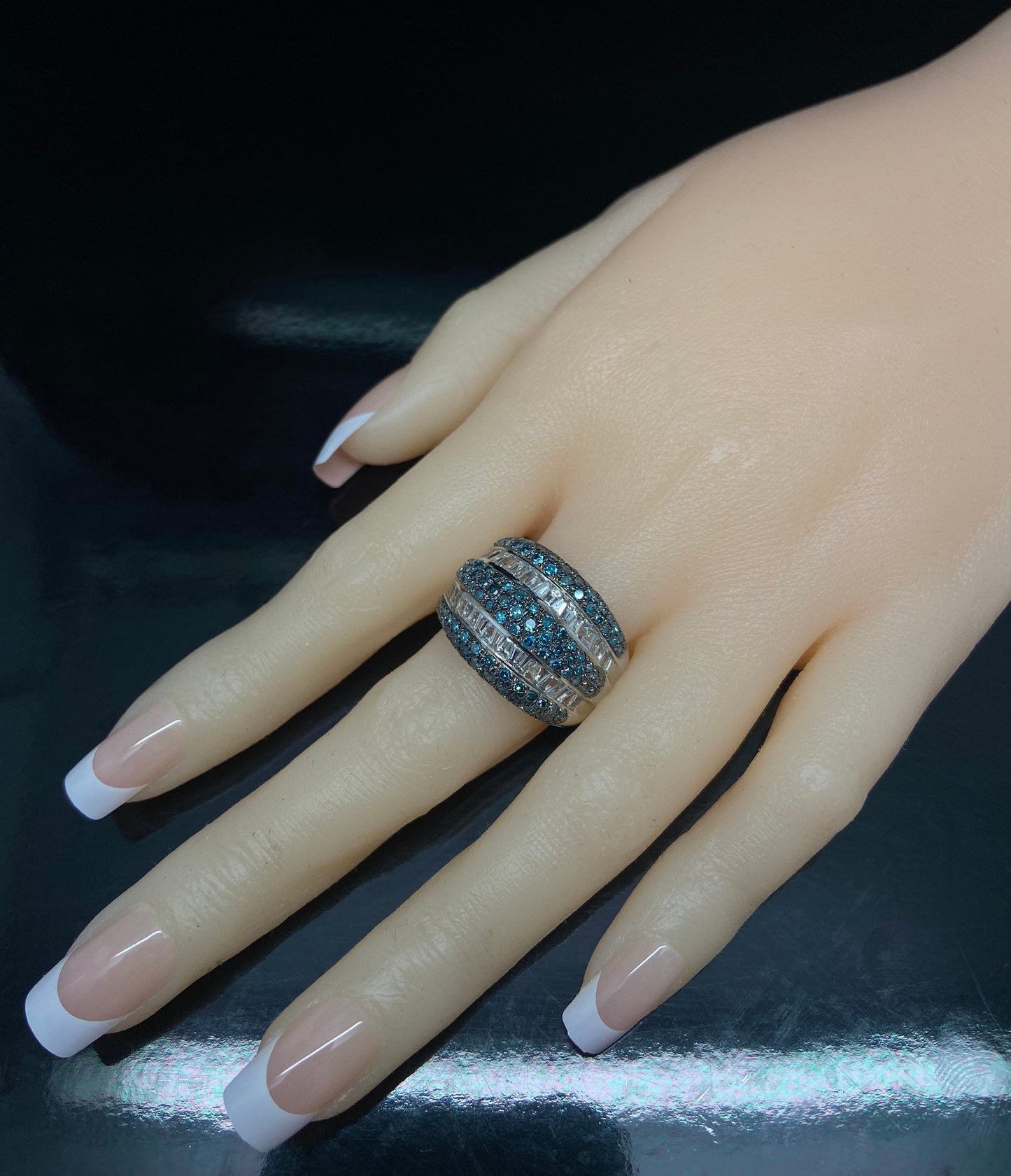 White Gold Blue Diamonds & Baguette White Sapphire Statement Ring