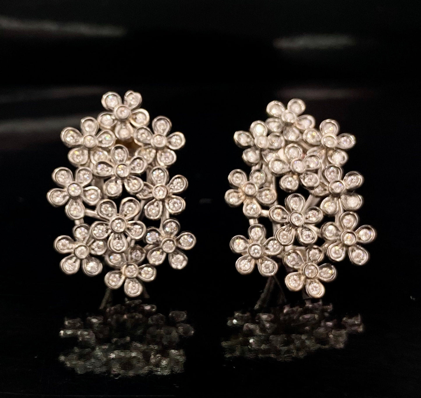 White Gold Black Rhodium Round Diamond Flower Cluster Earrings