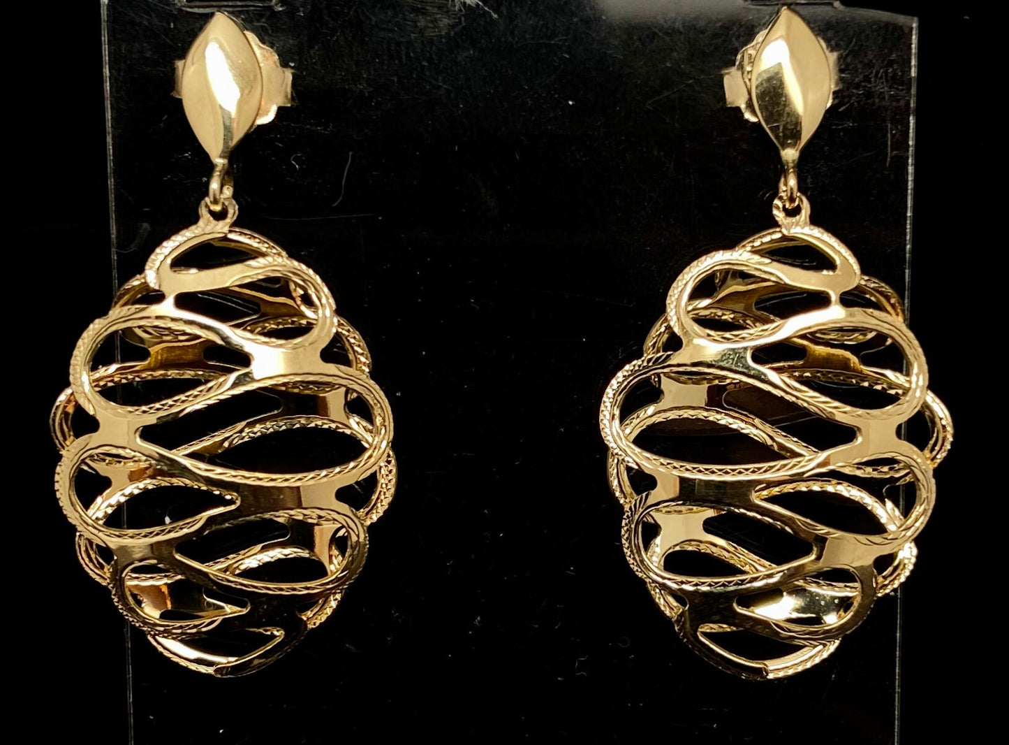 Yellow Gold Diamond Cut Oval 3D Cage Dangle Drop Earrings