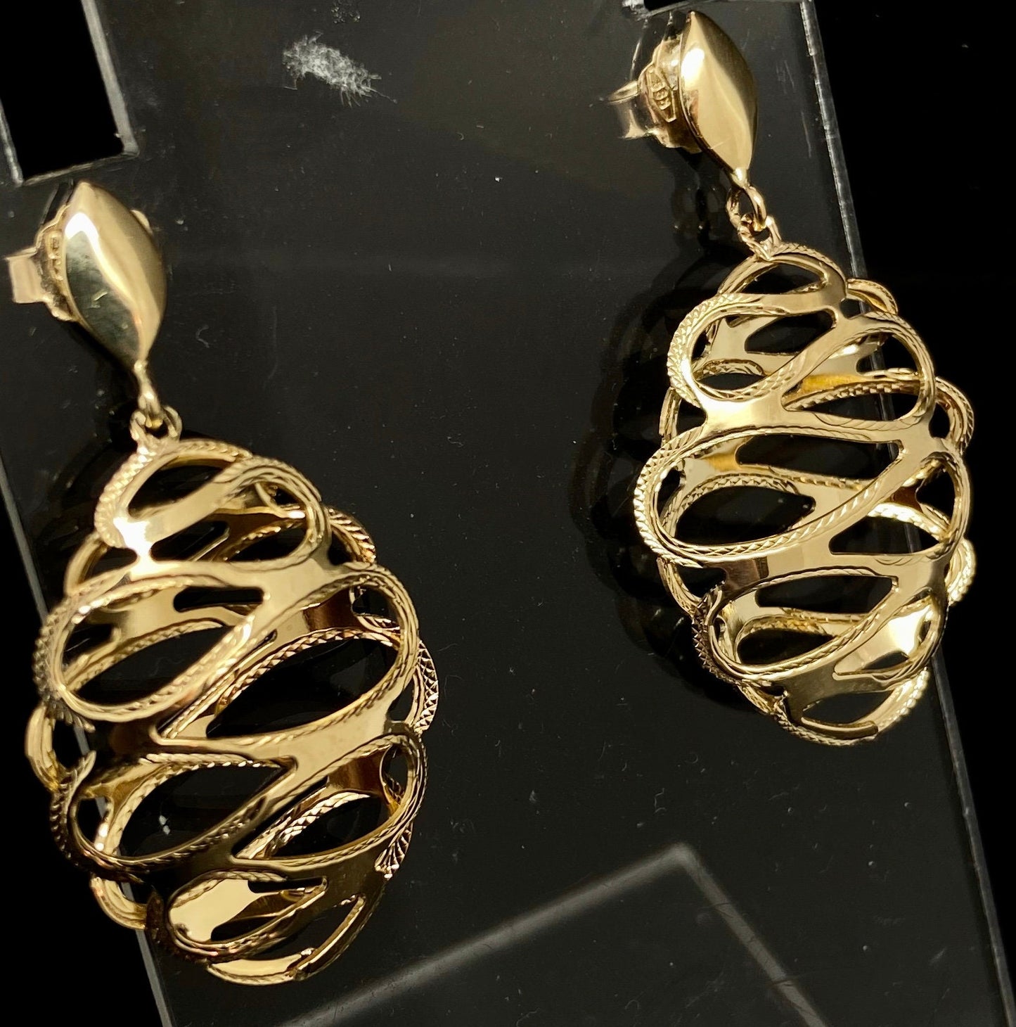 Yellow Gold Diamond Cut Oval 3D Cage Dangle Drop Earrings