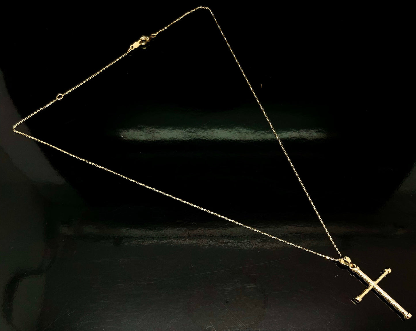 Yellow Gold Diamond Cut Religious Dangle Cross Pendant Chain Necklace